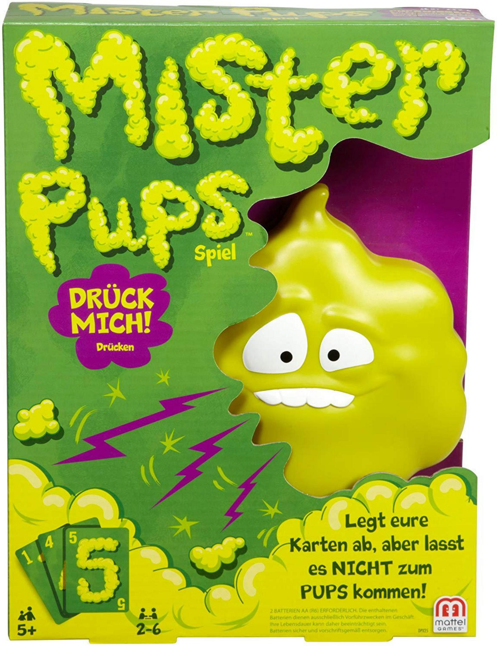 Schachtelkunst für ein Spiel namens 'Mister Pups'. Ein grüner, lächelnder Kack-Charakter ist abgebildet.
