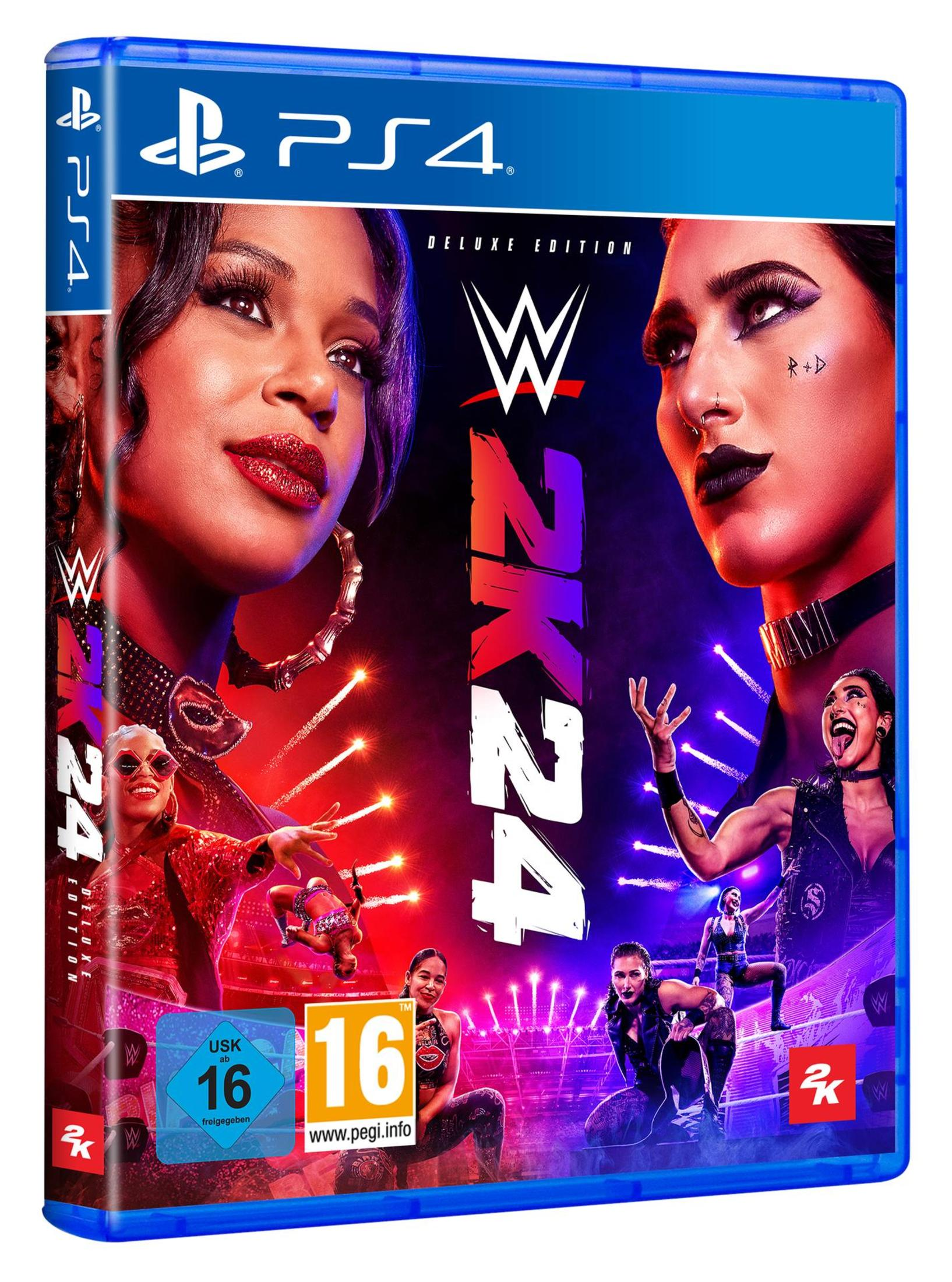 PS4-Spielbox mit WWE 2K24 Deluxe Edition-Cover mit Wrestlerinnen.