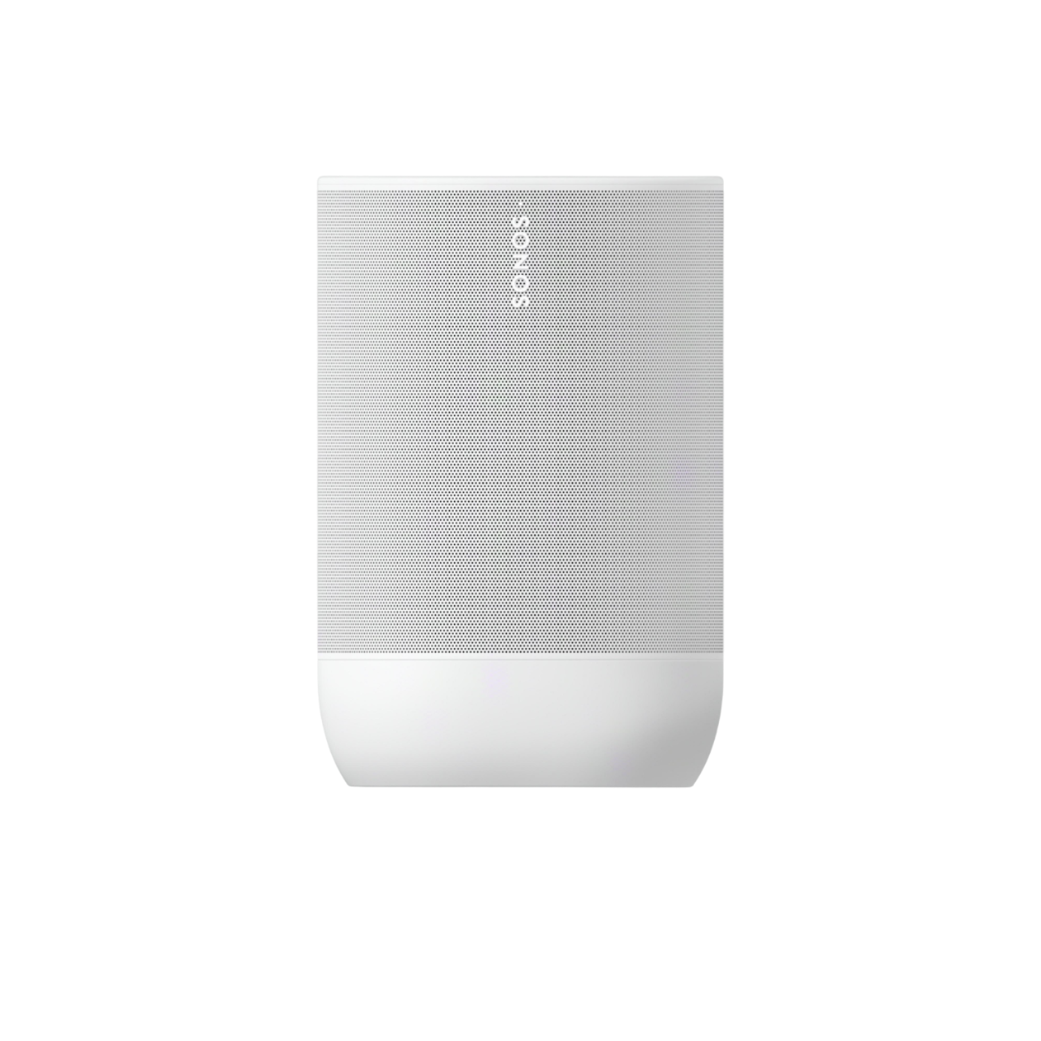 Biały głośnik Sonos z perforowanym frontem, na czarnym tle. Logo Sonos jest widoczne.