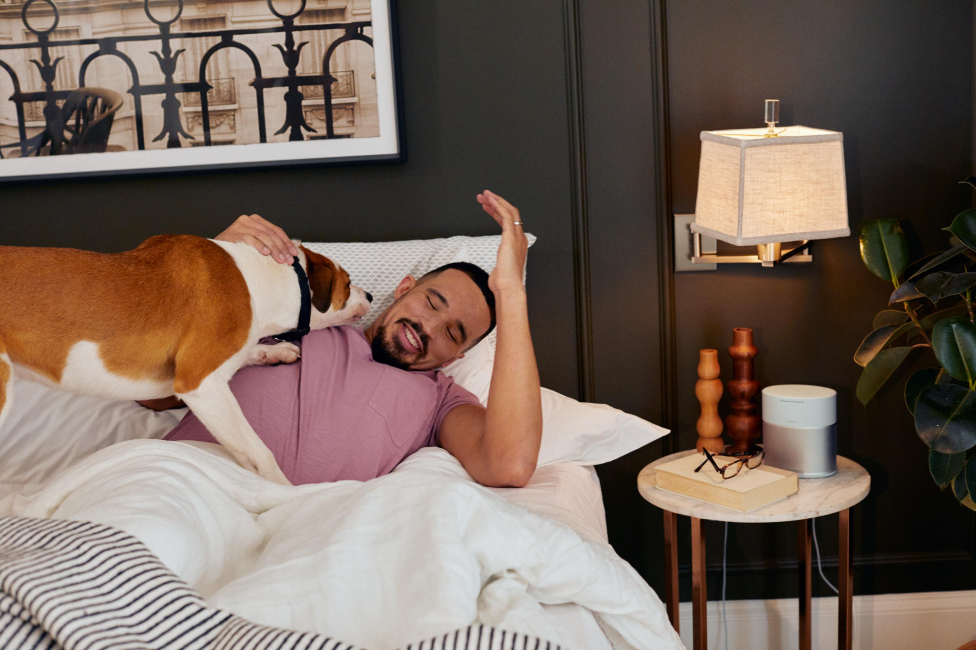 Mann im Bett mit Hund. Der Mann lächelt. Der Hund springt auf ihn. Schlafzimmer-Interieur.