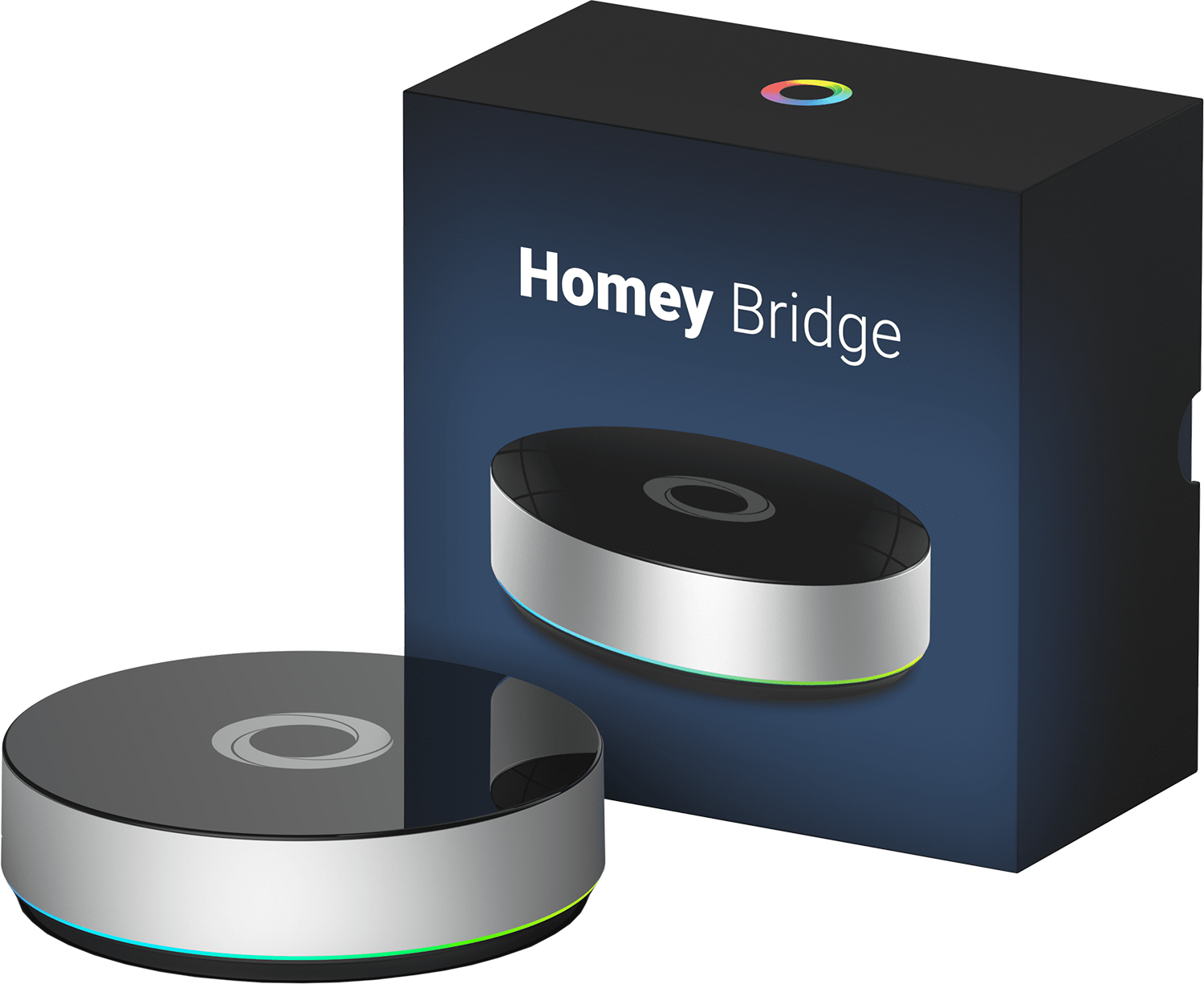 Homey Bridge-Gerät und -Box. Schwarzes und silbernes, rundes Gerät. Box zeigt Regenbogenlicht.