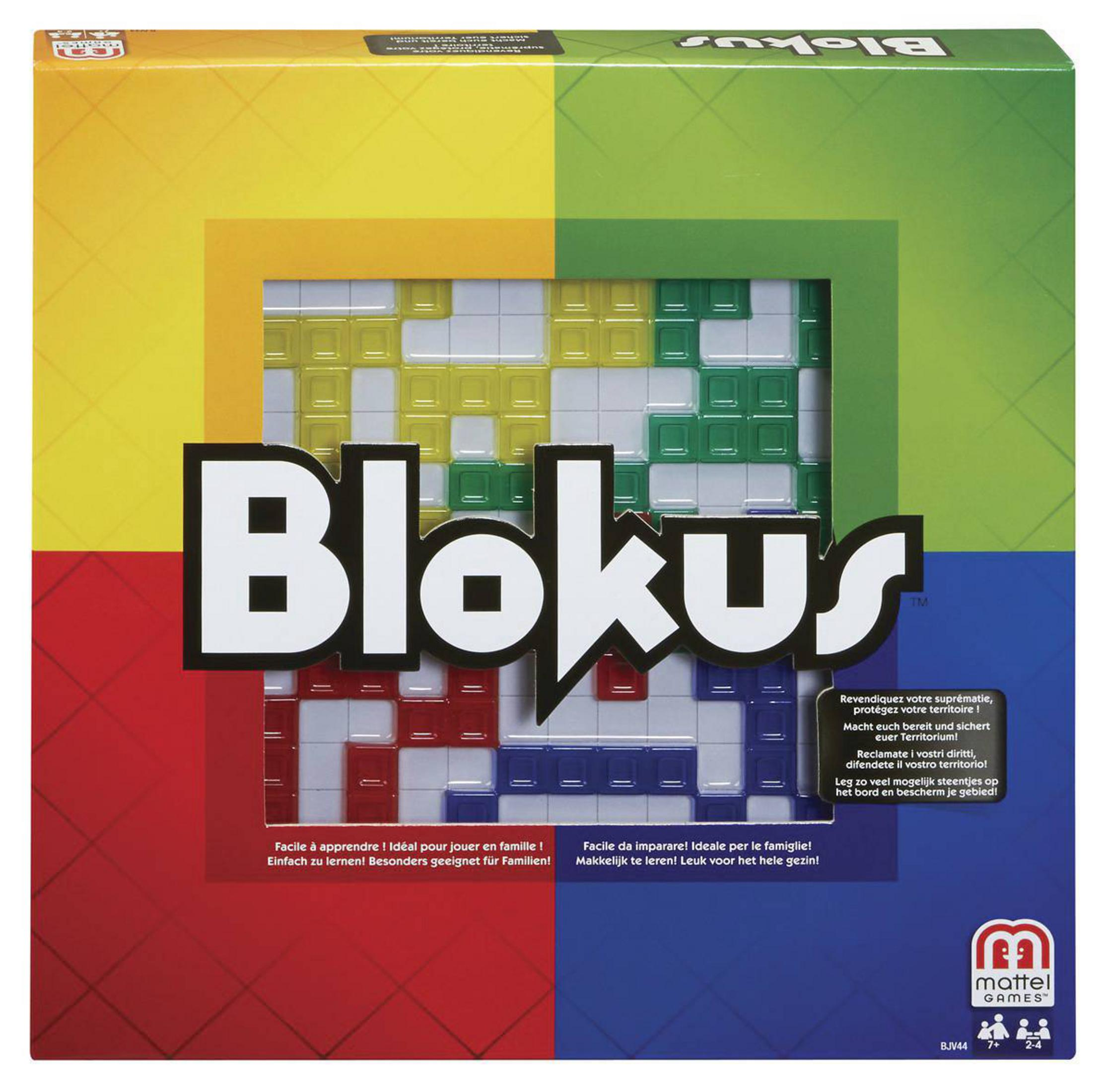 Pudełko gry planszowej Blokus z kolorowymi kwadratami i elementami na pudełku. Widoczne duże logo.