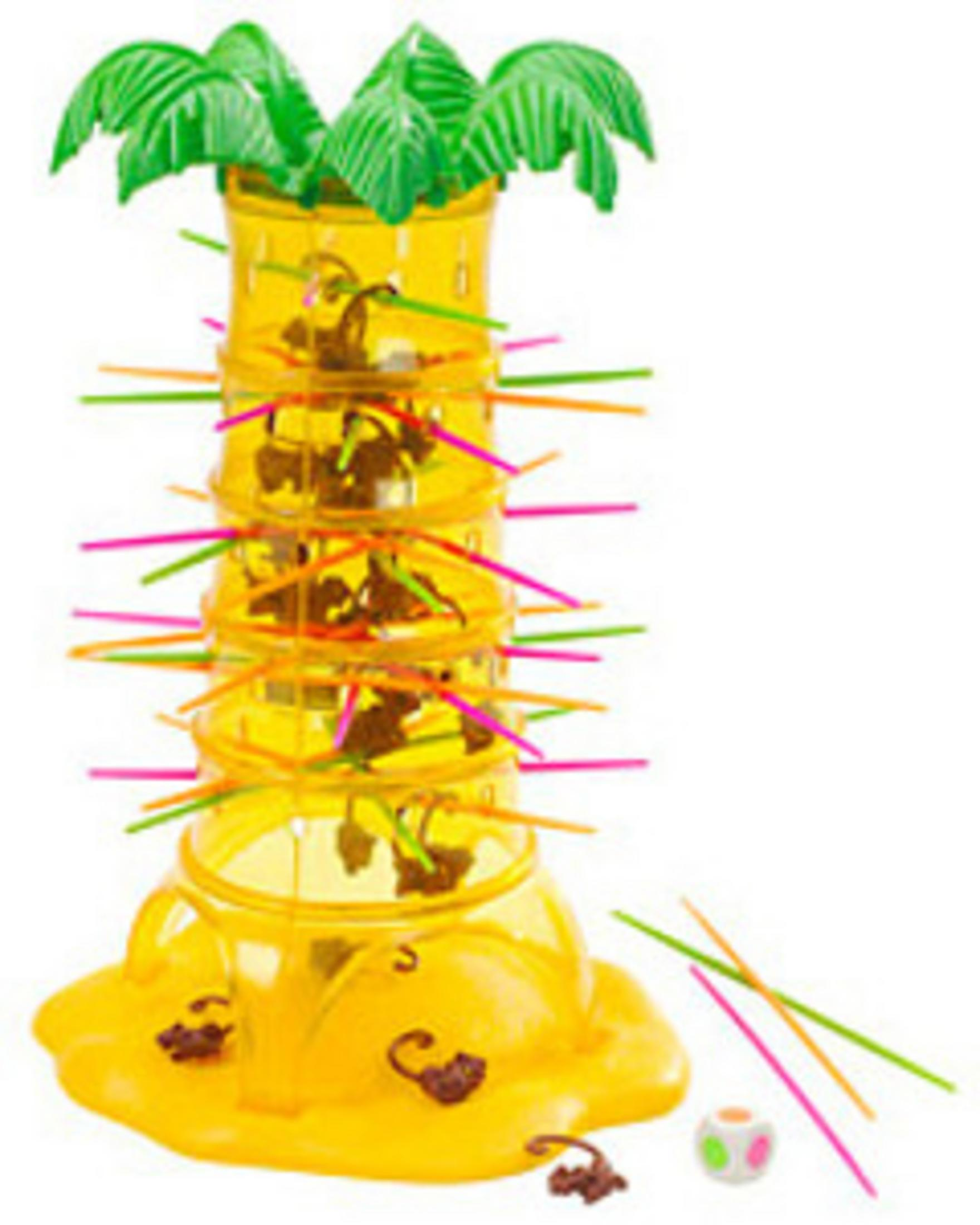 Gra w małpy z małpami, kolorowymi patyczkami i żółtą wieżą z palmami.