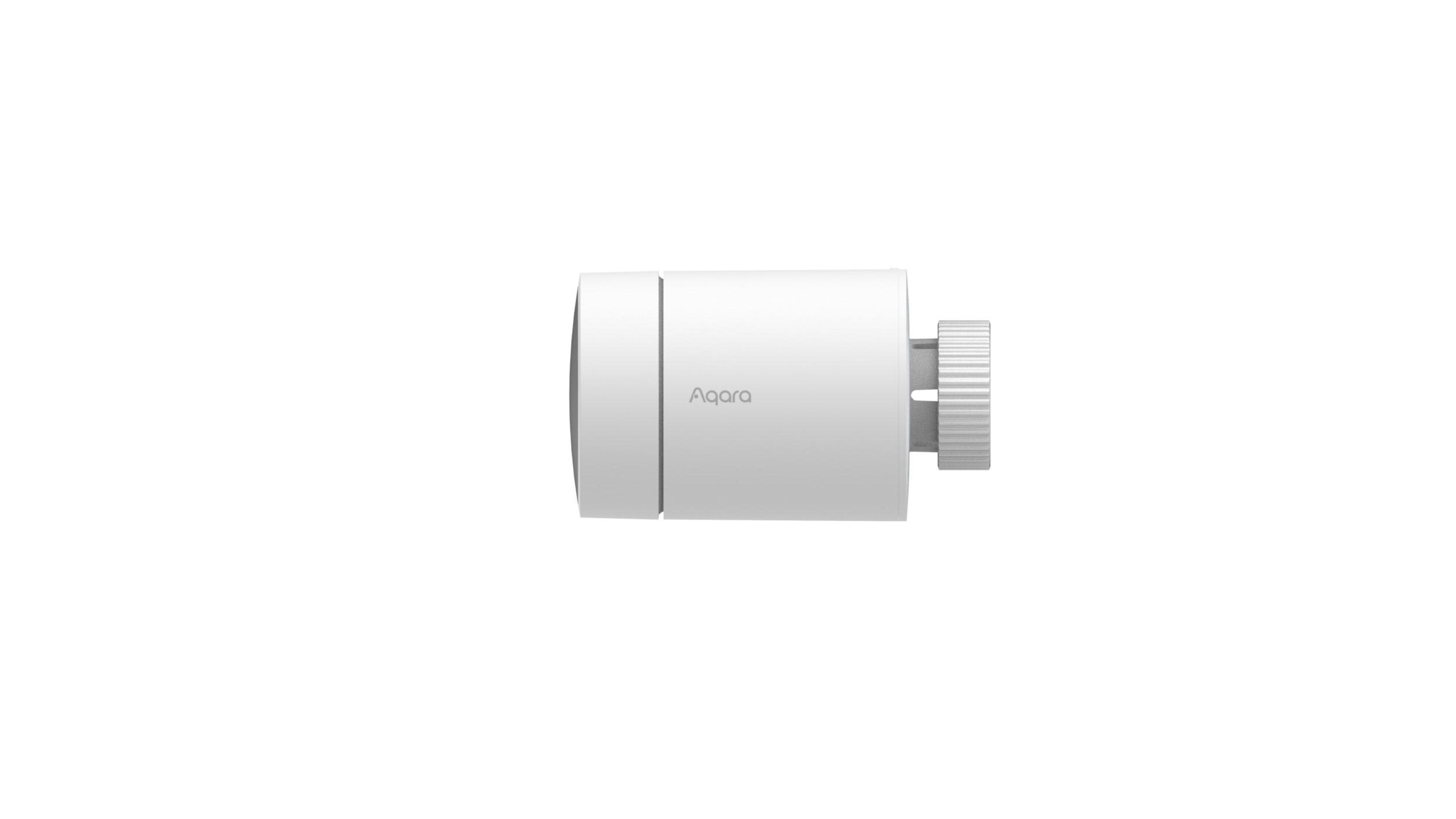 Weißes Aqara Smart-Thermostat, Draufsicht, isoliert auf weißem Hintergrund.
