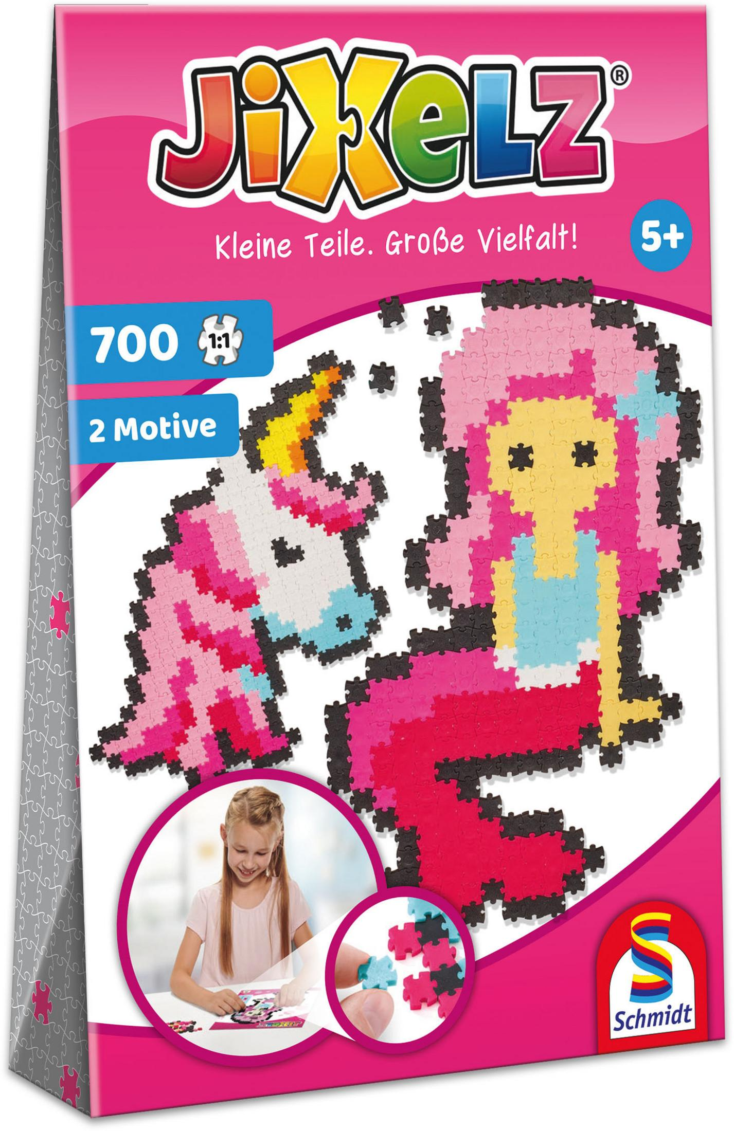 Pudełko z elementami układanki Jixelz. Pokazuje jednorożca i syrenę. Pudełko jest różowe i białe.