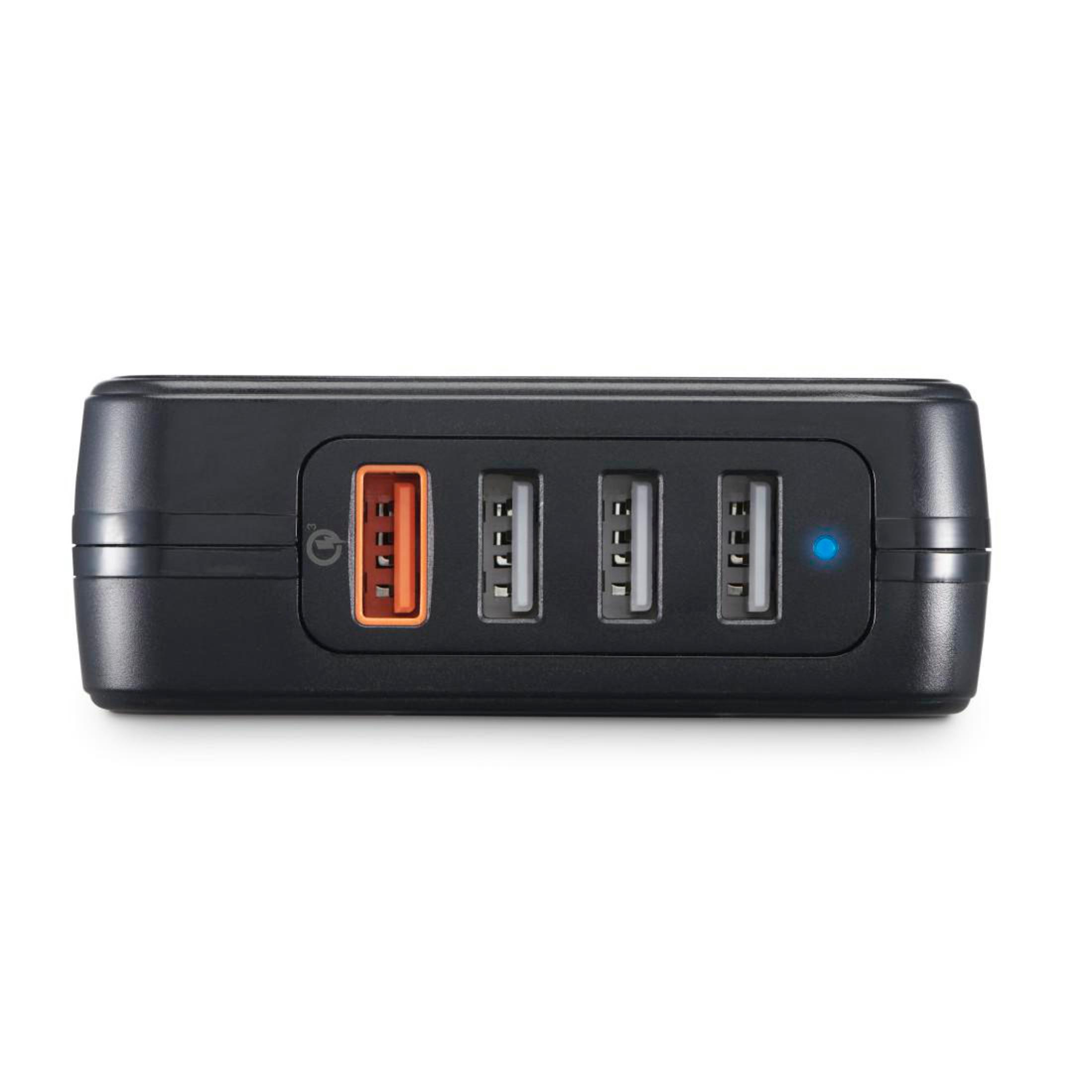 Schwarzes USB-Ladegerät mit vier USB-Anschlüssen, einem orangenen und blauer Anzeige.