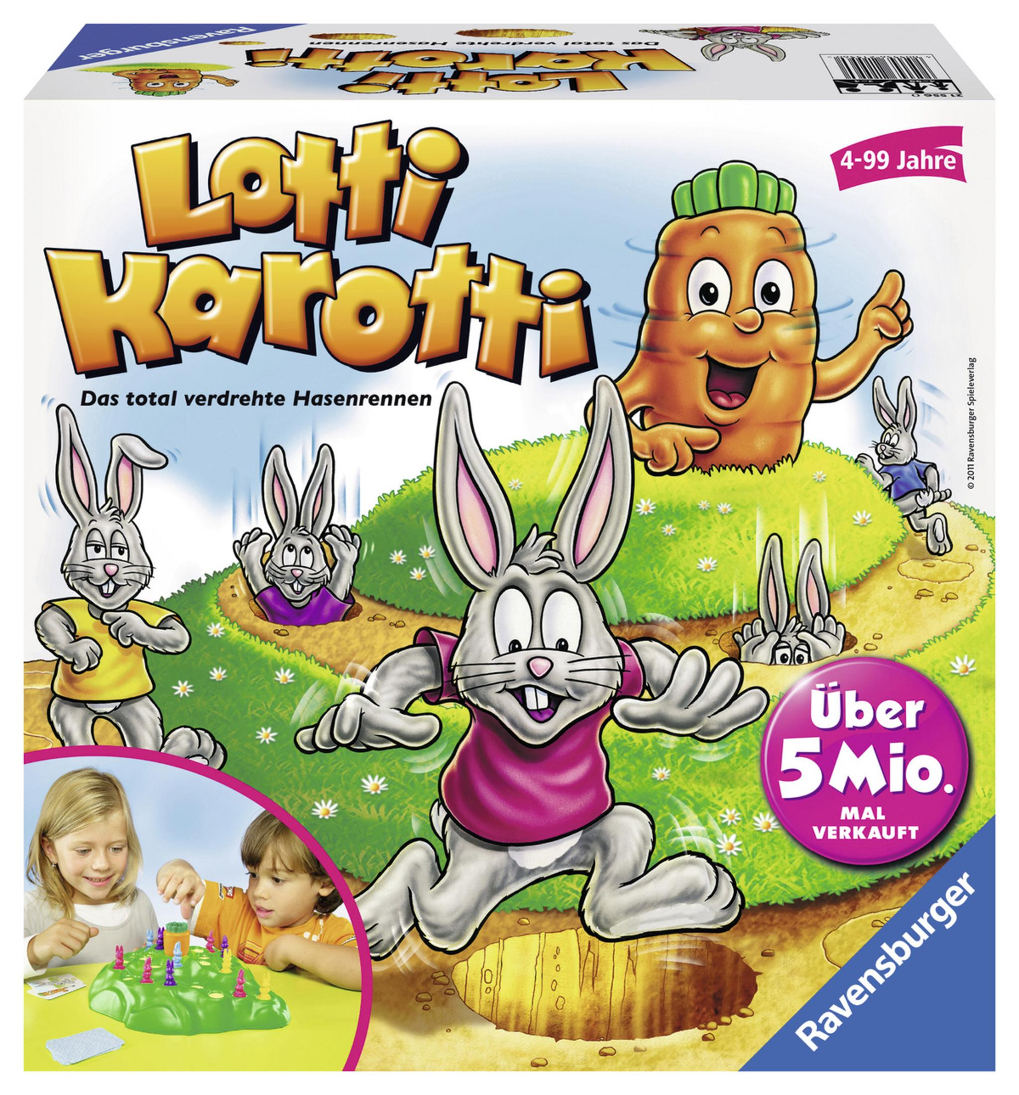 Lotti Karotti arte de la caja del juego. Conejos corriendo en una pista, un personaje de zanahoria y niños jugando.