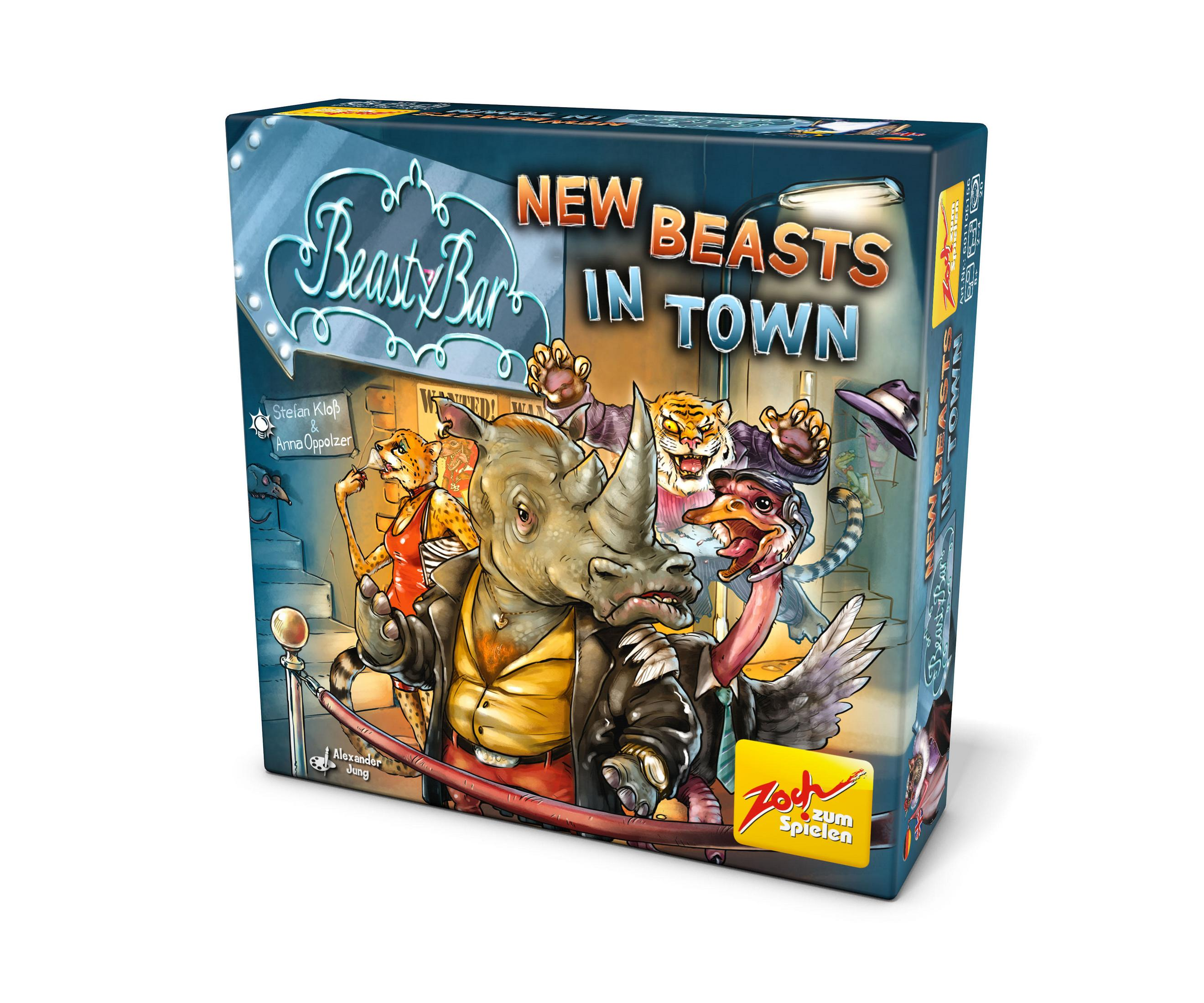 Box-Art für ein Brettspiel mit dem Titel "New Beasts in Town" mit Cartoon-Tierfiguren.