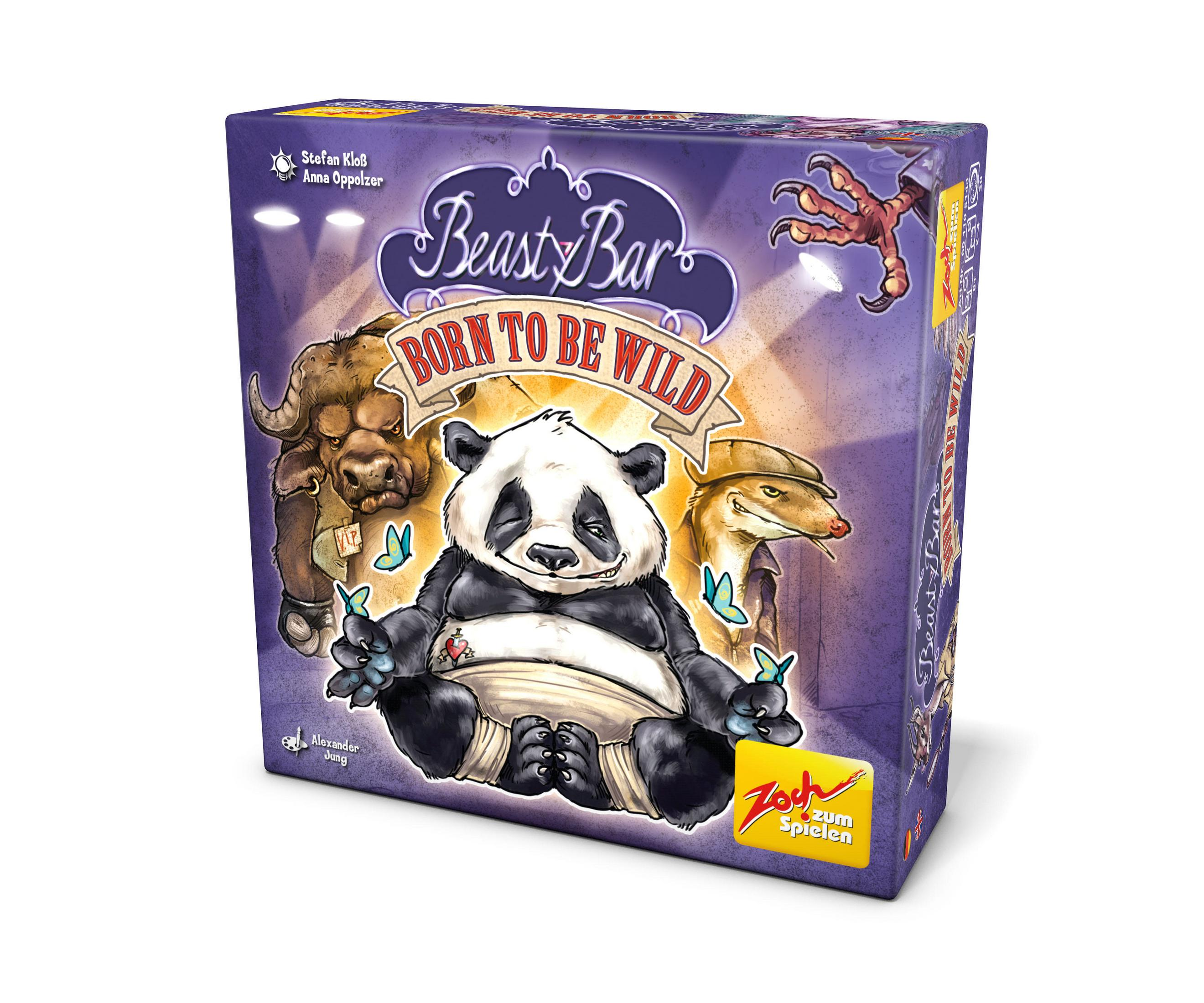 Beast Bar: Born to Be Wild Spielbox. Panda, Nashorn und Wiesel auf lila Hintergrund.