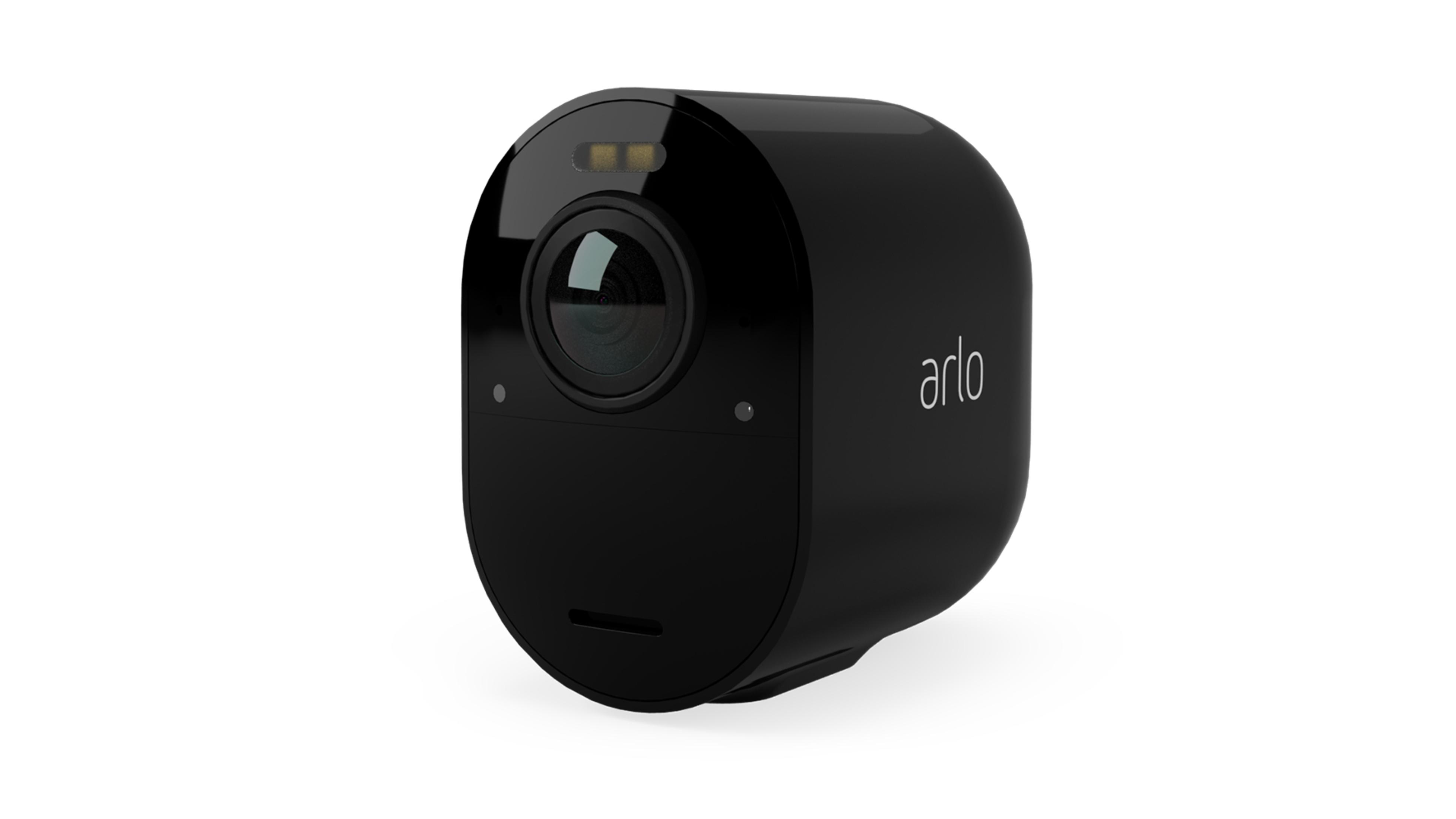 Telecamera di sicurezza nera con il logo Arlo su sfondo bianco.