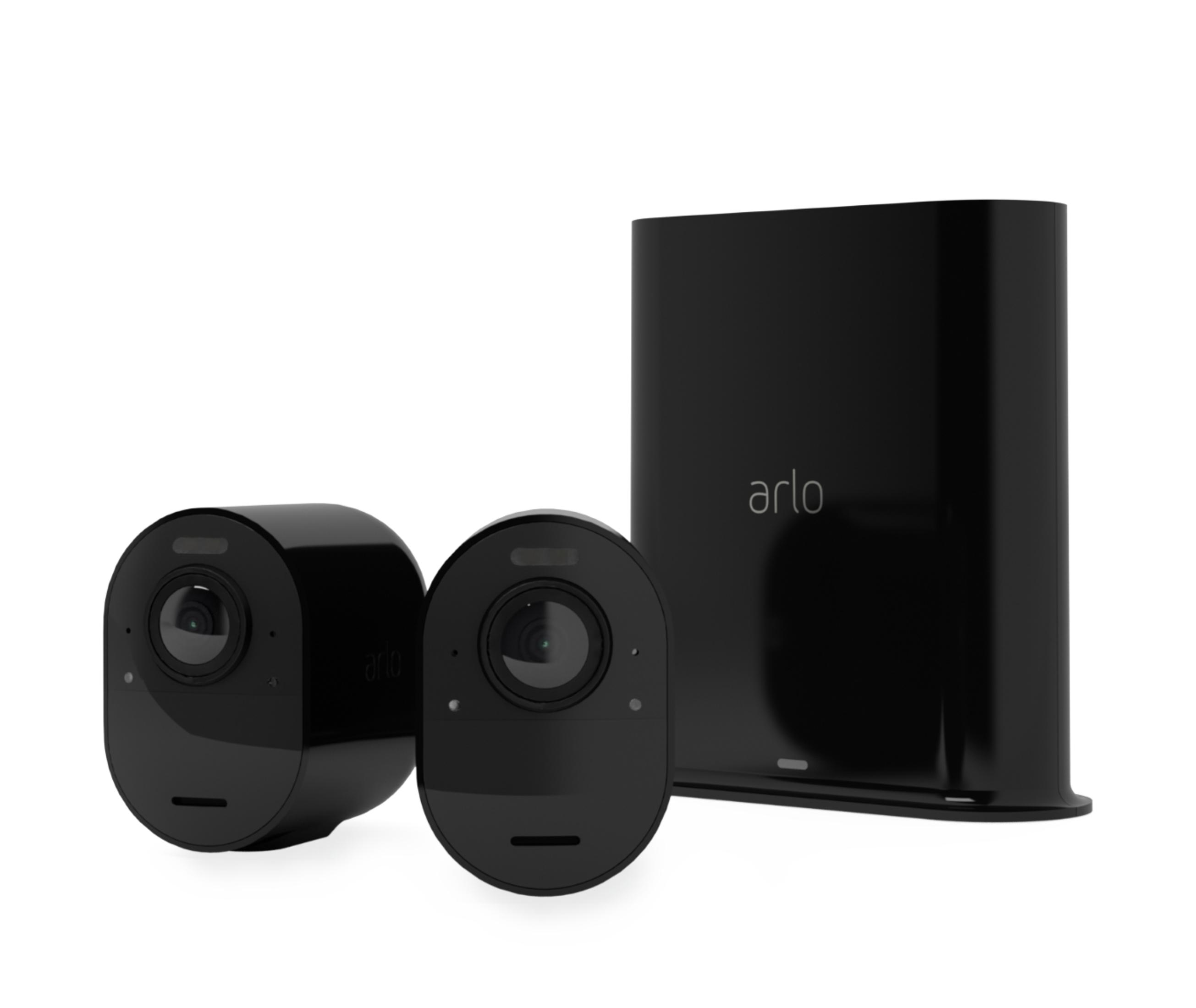Tre telecamere di sicurezza Arlo nere, due piccole e una più grande, con una stazione base nera su sfondo bianco.
