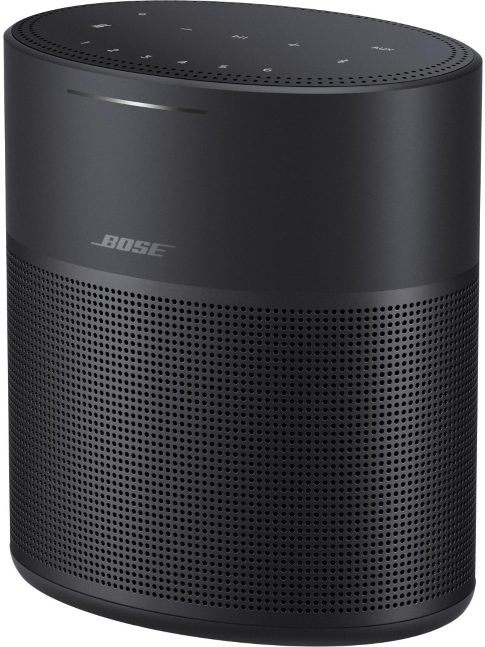 Schwarzer Bose-Lautsprecher mit zylindrischem Design, Mesh-Front und Bedienelementen oben.