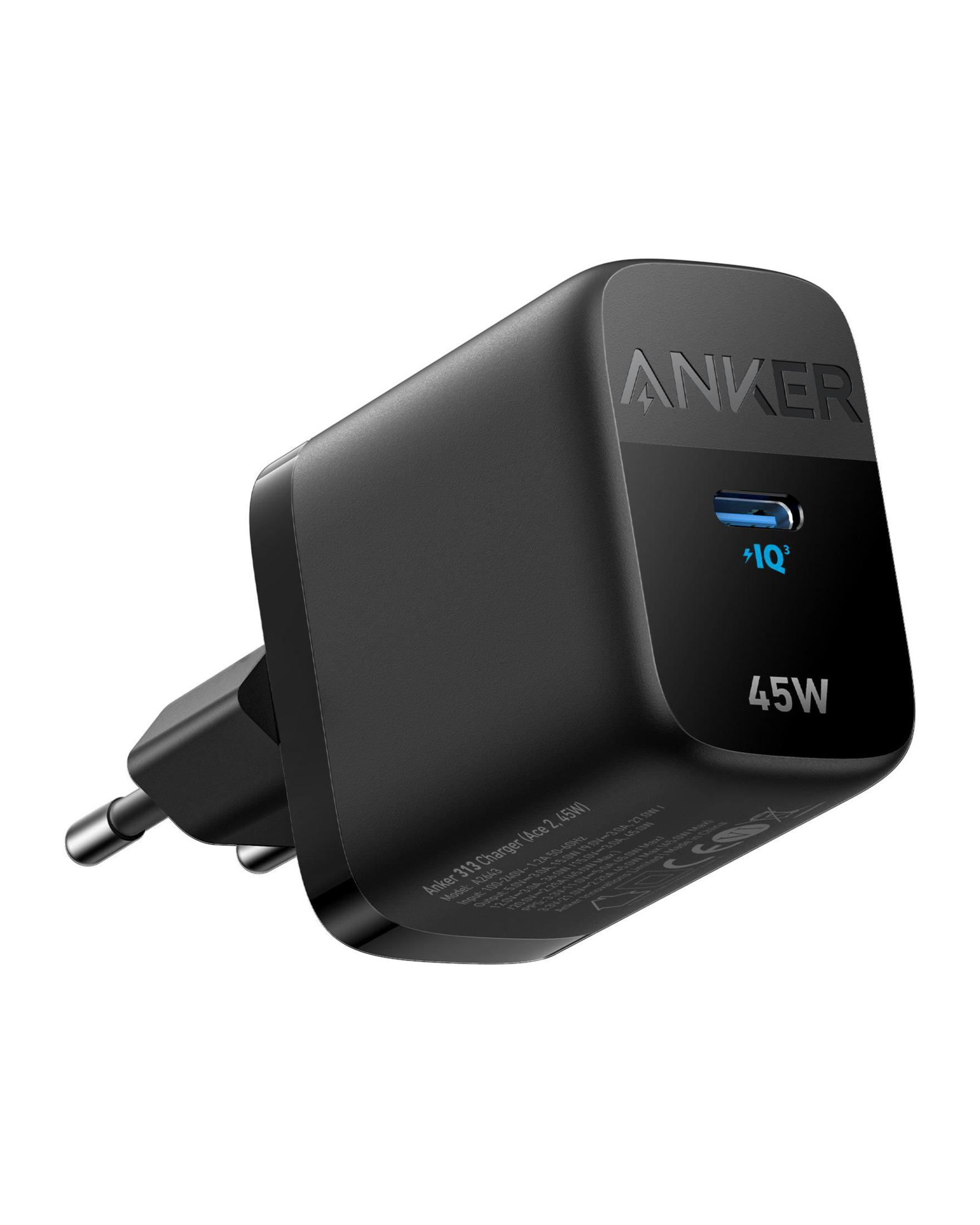 Caricatore Anker 45W nero con spina. Ha il logo Anker e un indicatore iQ blu.