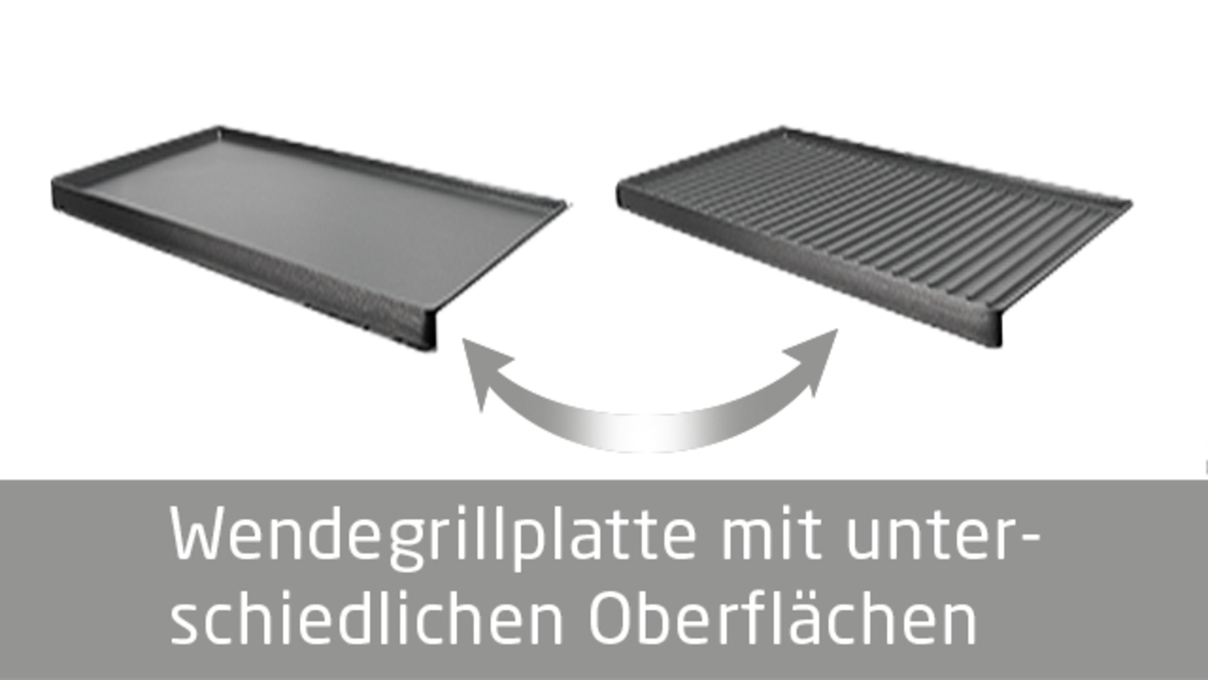Eine Wendegrillplatte mit zwei unterschiedlichen Grillflächen wird angezeigt.