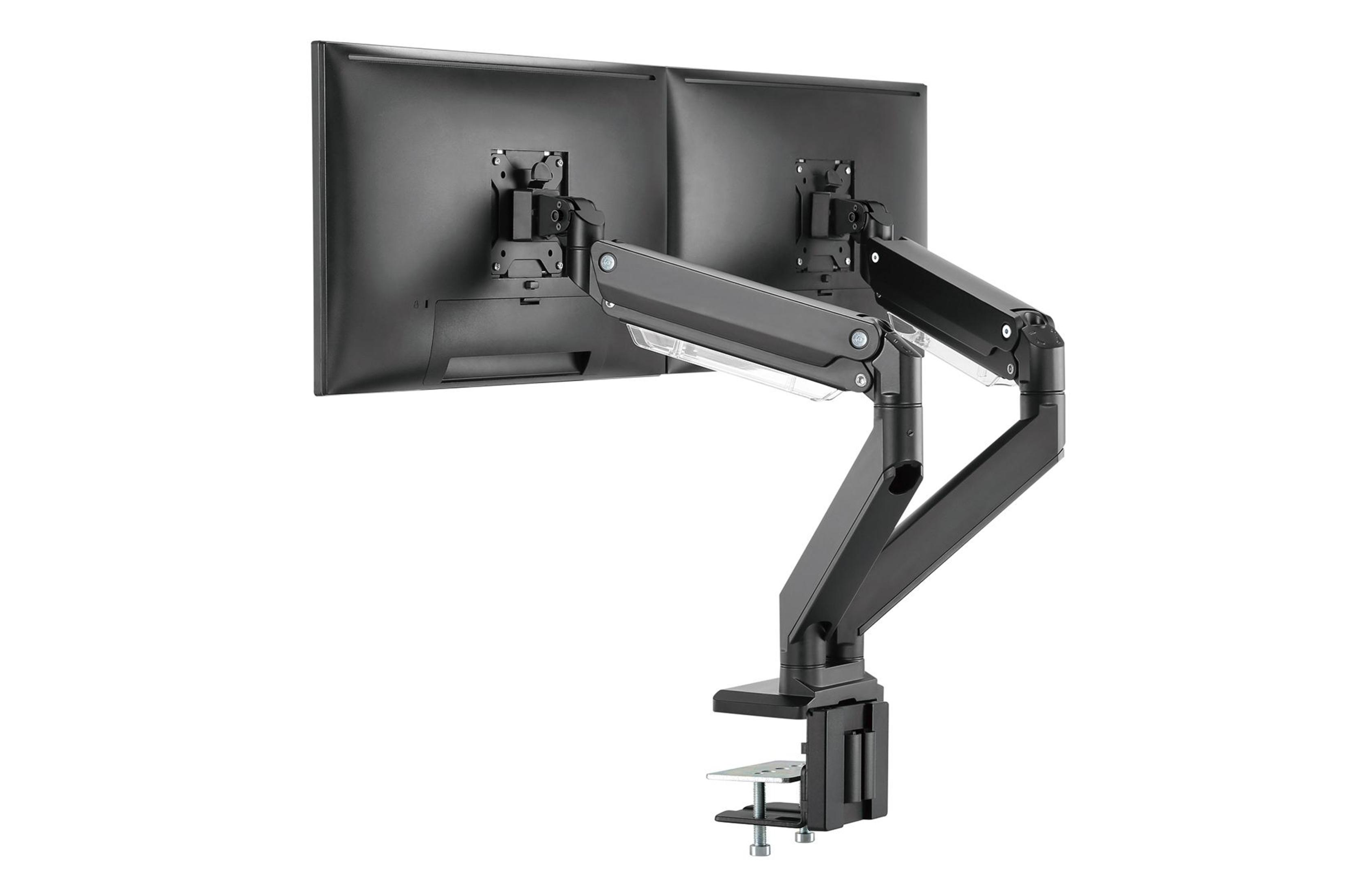 Zwei schwarze Computermonitore an einem schwarzen, verstellbaren Arm befestigt. Der Arm ist an einer Schreibtischklemme befestigt.