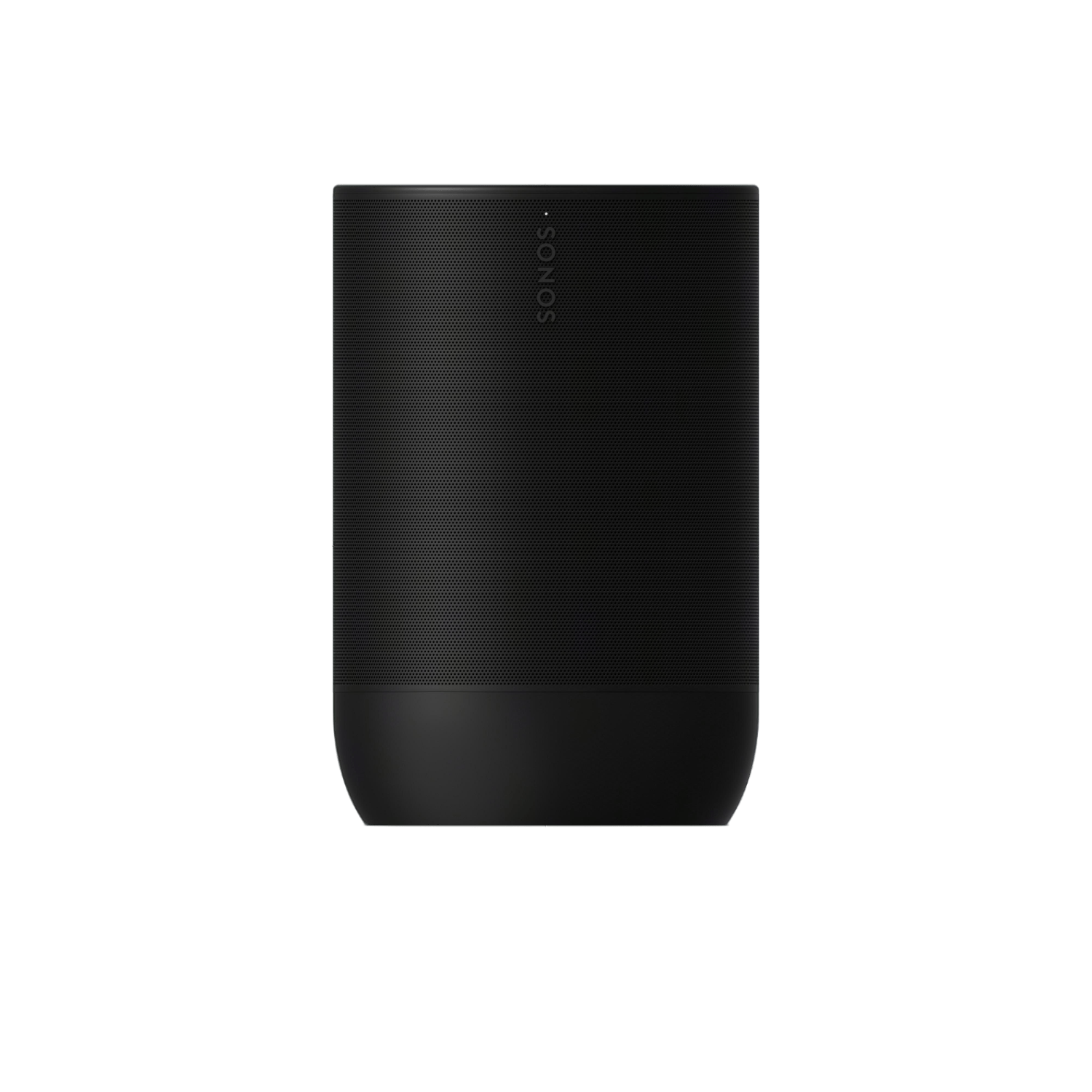 Czarny głośnik Sonos na czarnym tle. Głośnik jest cylindryczny i ma siatkową osłonę.