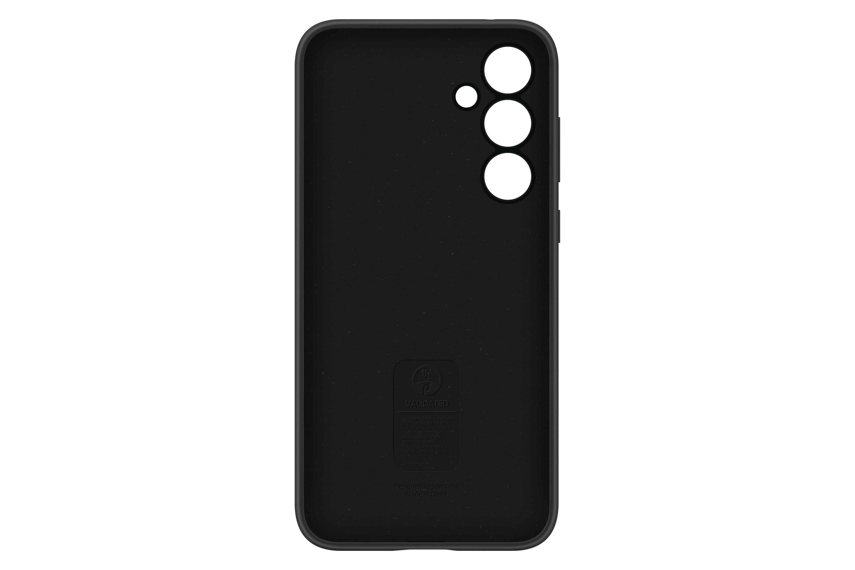 Czarne etui na telefon z trzema otworami na aparat, z ostrzeżeniami wewnątrz.