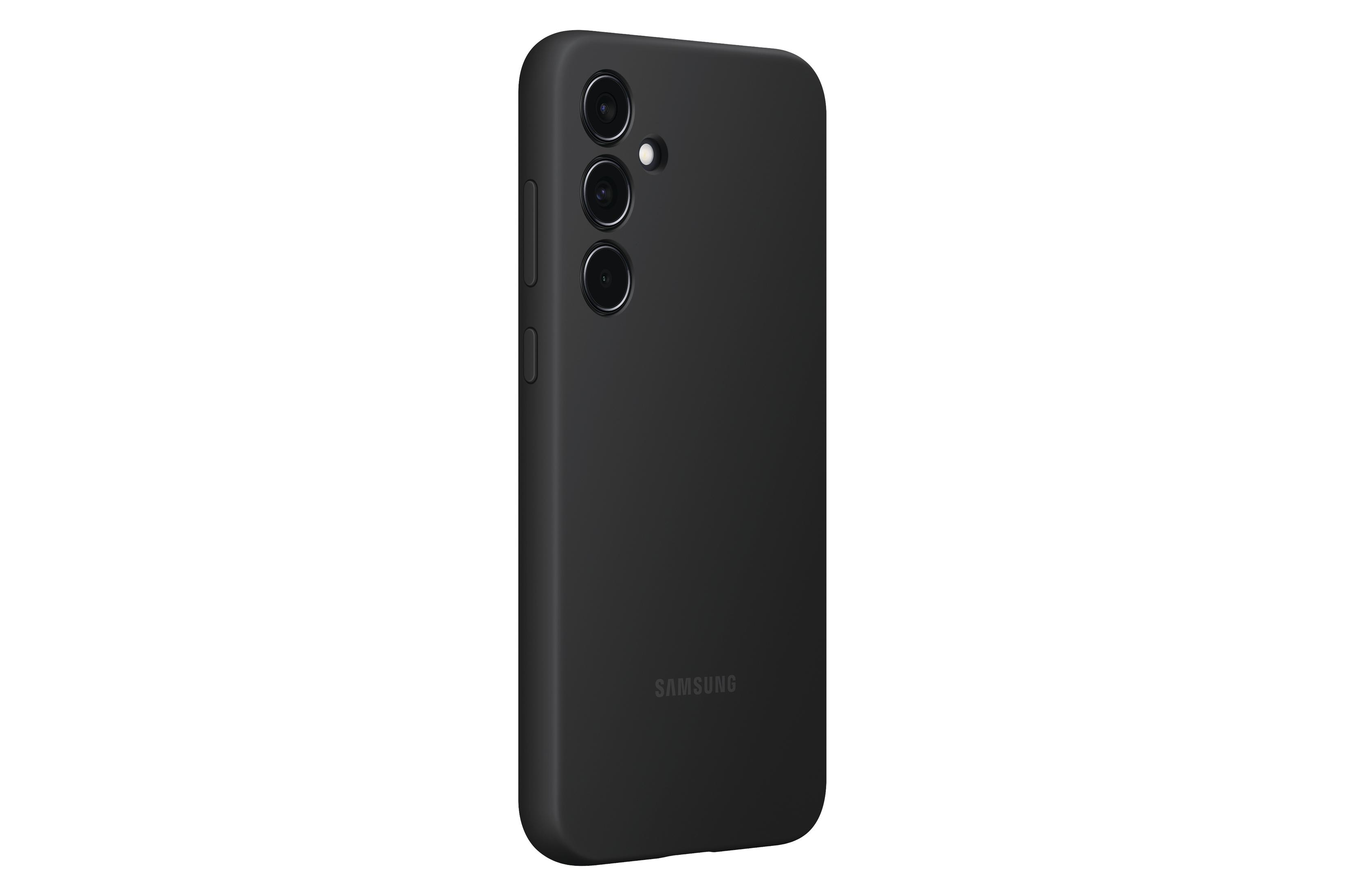 Czarny futerał na telefon Samsung z trzema obiektywami aparatu. Logo Samsung znajduje się na dole etui.