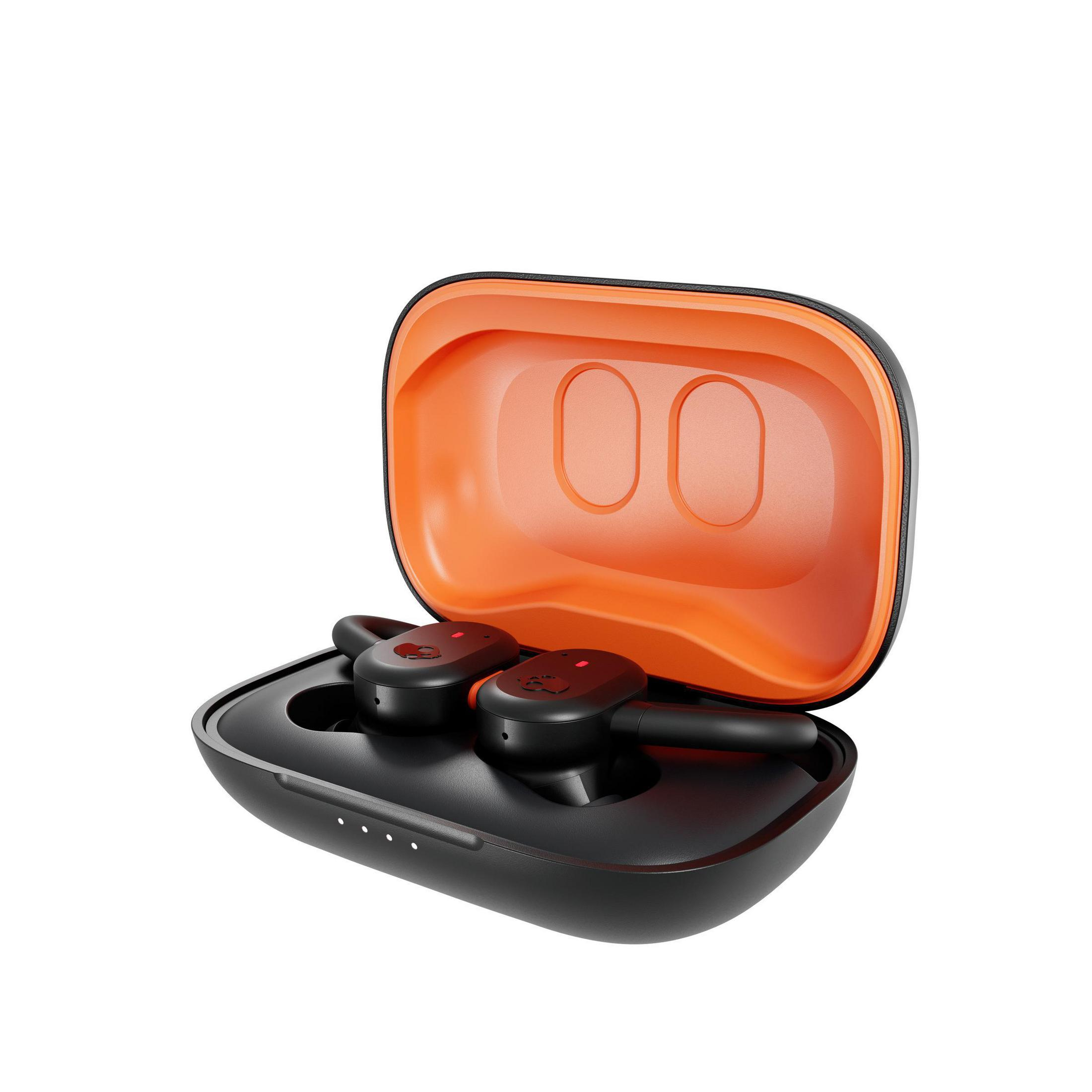 Black earbuds in a black and orange charging case. White background.
