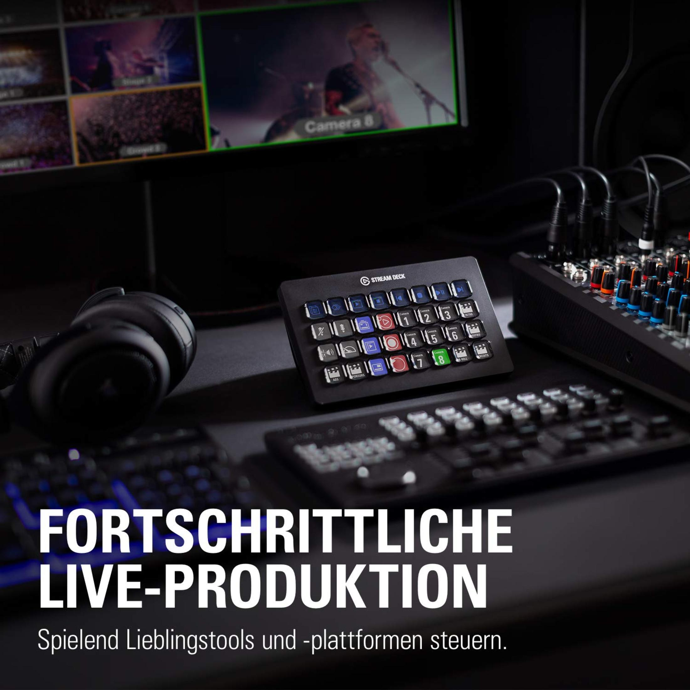 Czarny panel sterowania z pokrętłami i przyciskami. Monitor pokazuje widok z kamery na żywo. Klawiatura i słuchawki.