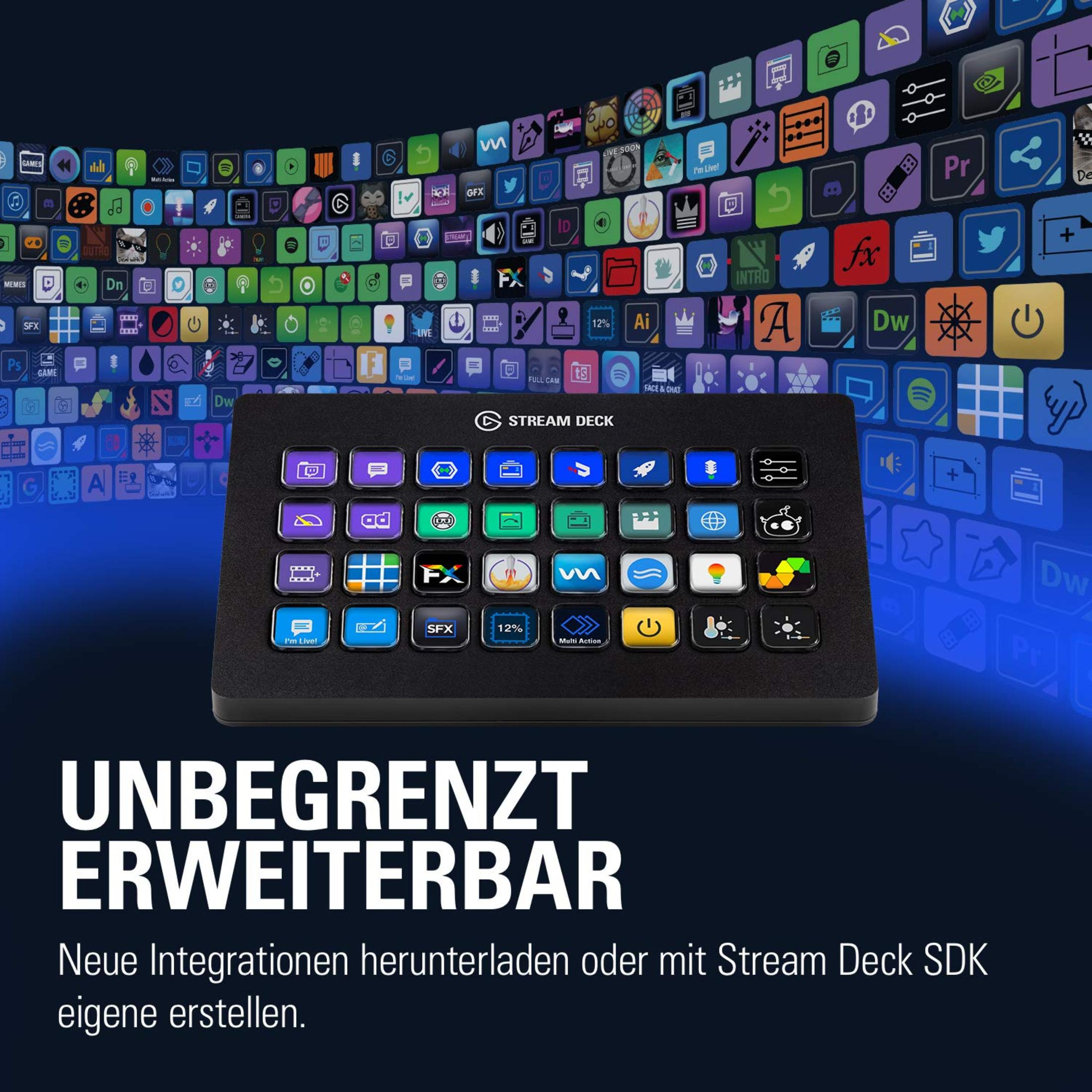 Czarny Stream Deck z przyciskami, otoczony ikonami. Tekst: UNBEGRENZT ERWEITERBAR.
