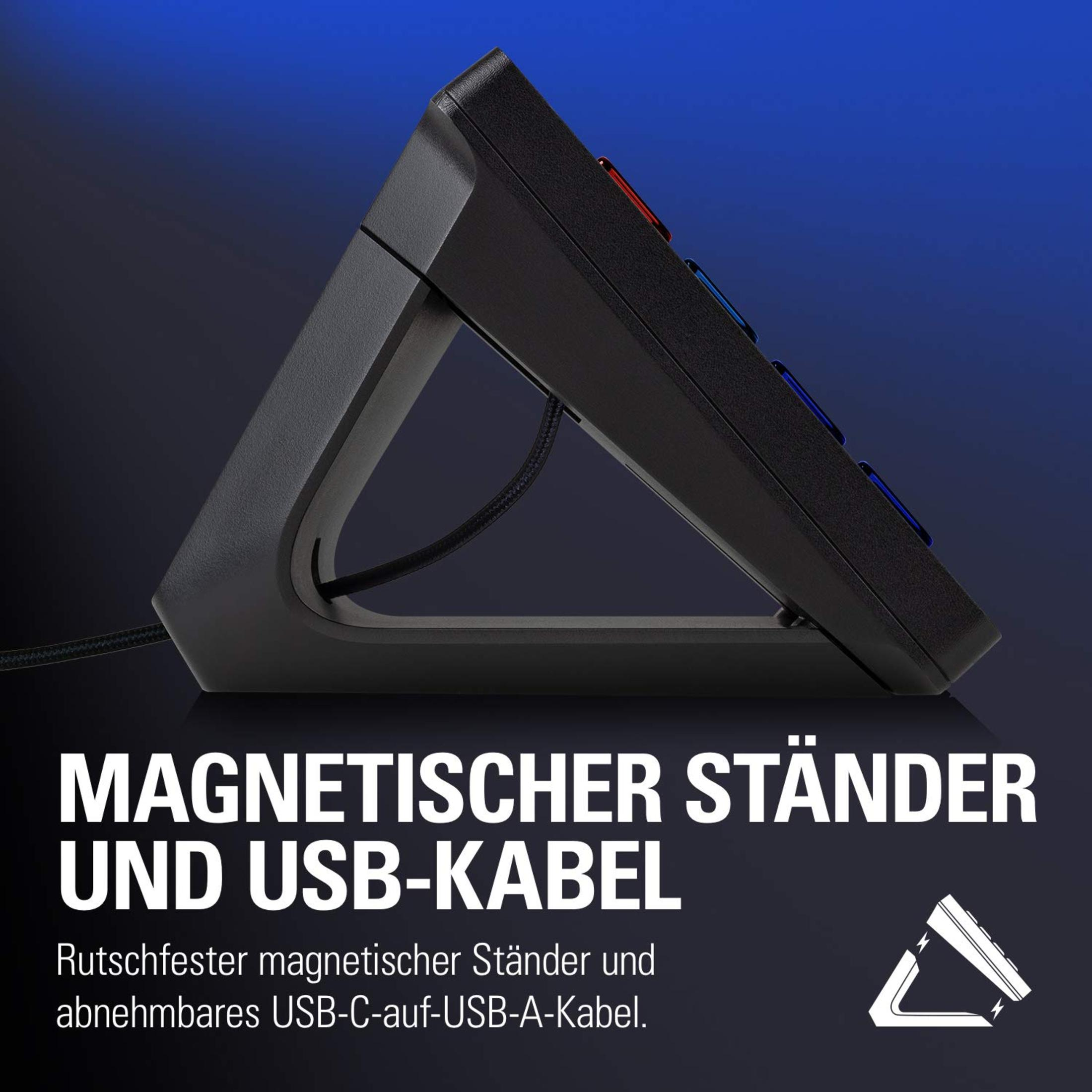 Czarny stojak z przyciskami. Tekst: Magnetischer Ständer und USB-Kabel.