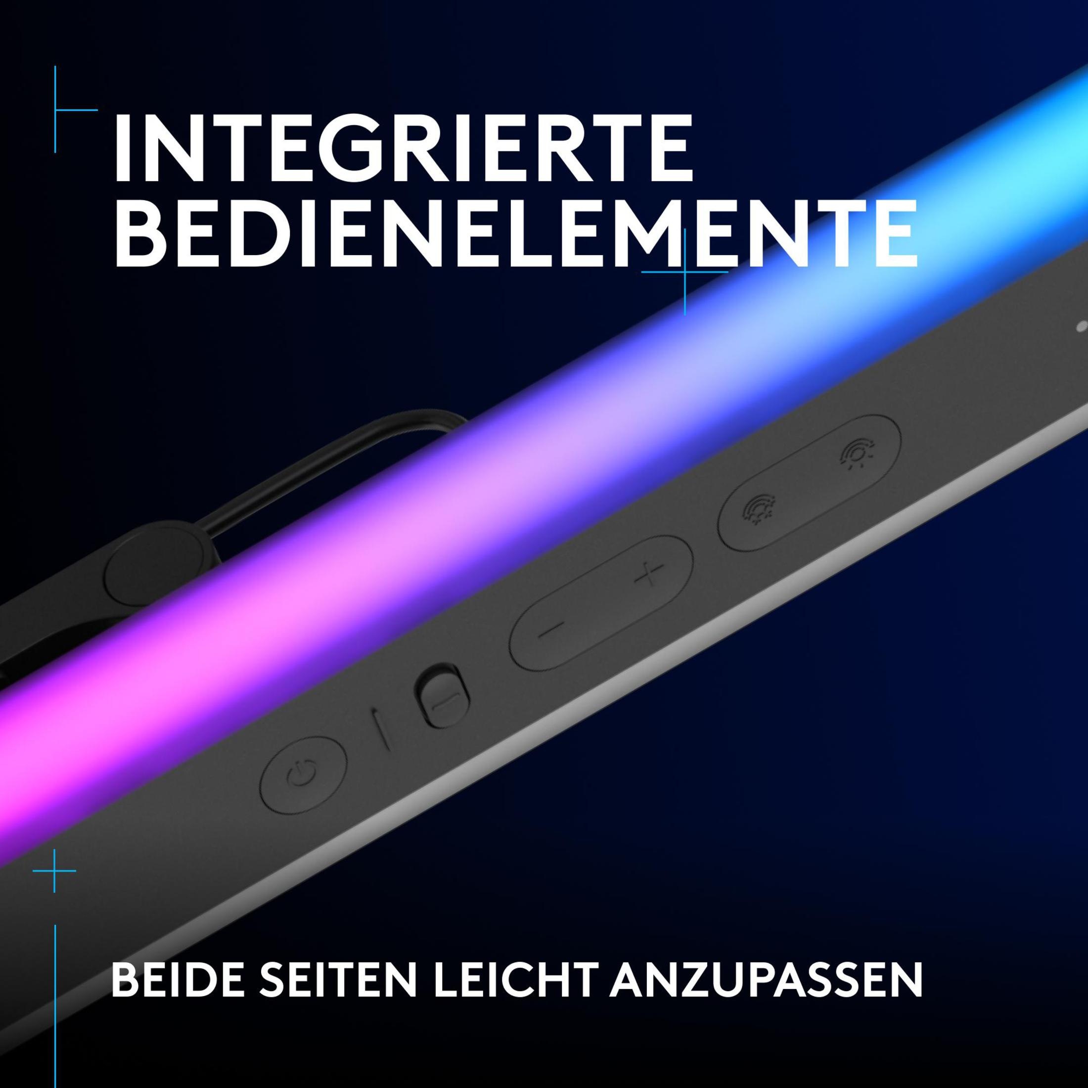 Primo piano di un dispositivo nero con pulsanti e una striscia luminosa. Testo: 'INTEGRIERTE BEDIENELEMENTE'.