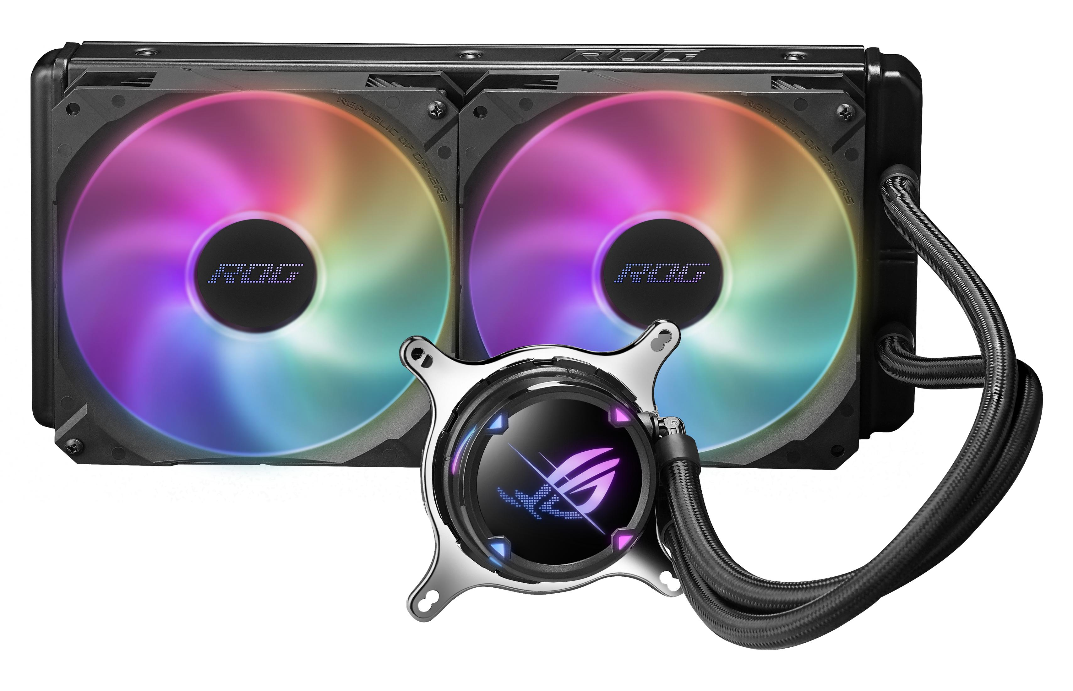 PC-Kühlsystem mit zwei Lüftern. RGB-Beleuchtung auf Lüftern und der zentralen Pumpe. Schwarze Schläuche.