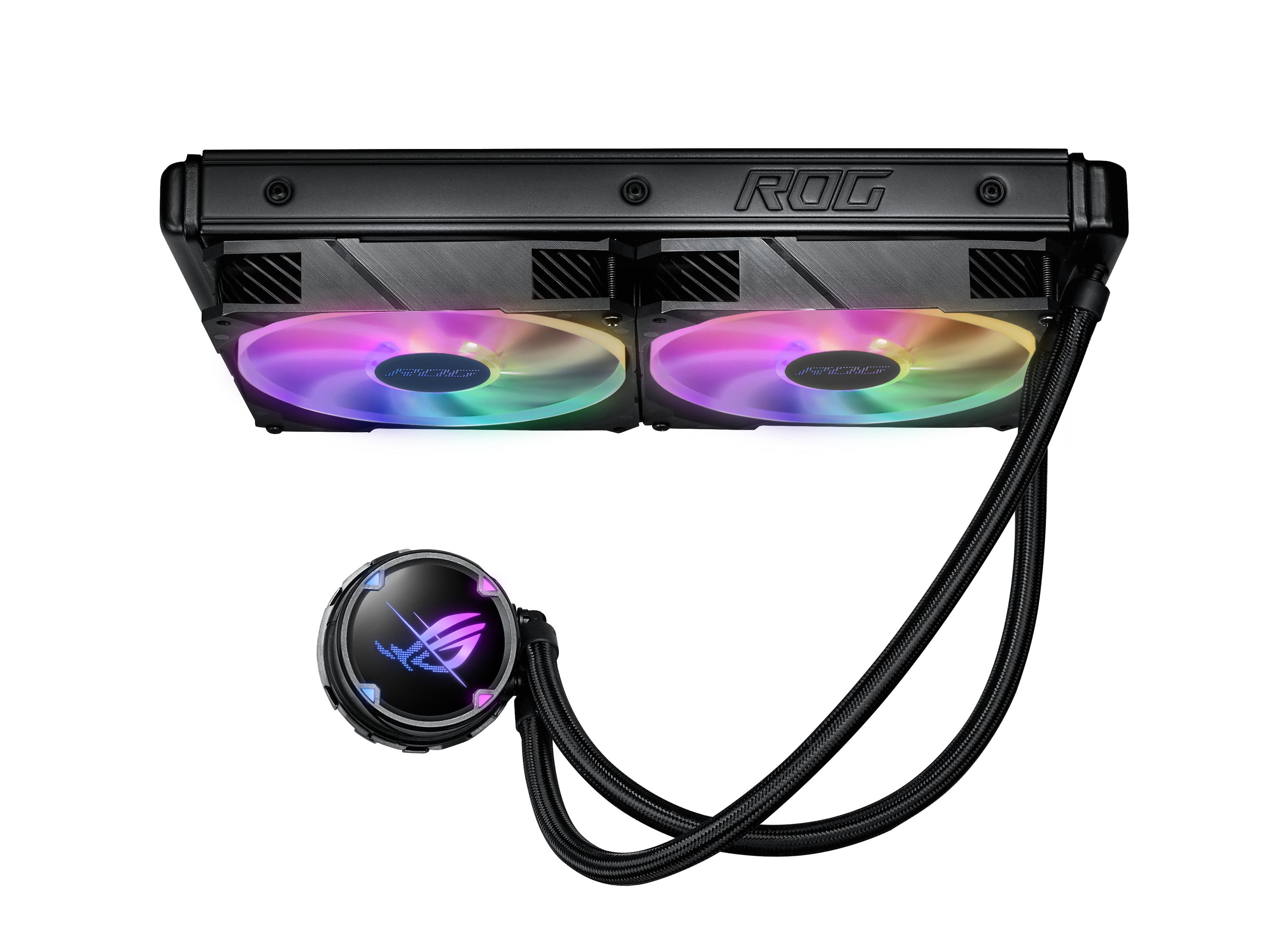 Draufsicht auf einen ROG-Flüssigkeitskühler. Der Kühler hat zwei Lüfter mit RGB-Beleuchtung.