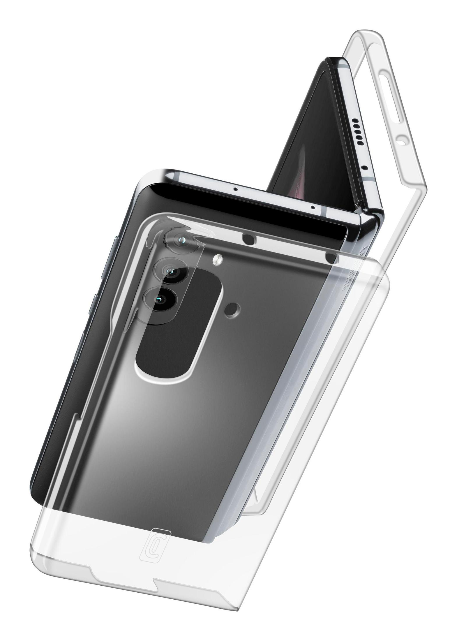 Dos fundas transparentes para teléfono, una con un teléfono dentro, mostrando la cámara y el diseño del teléfono.