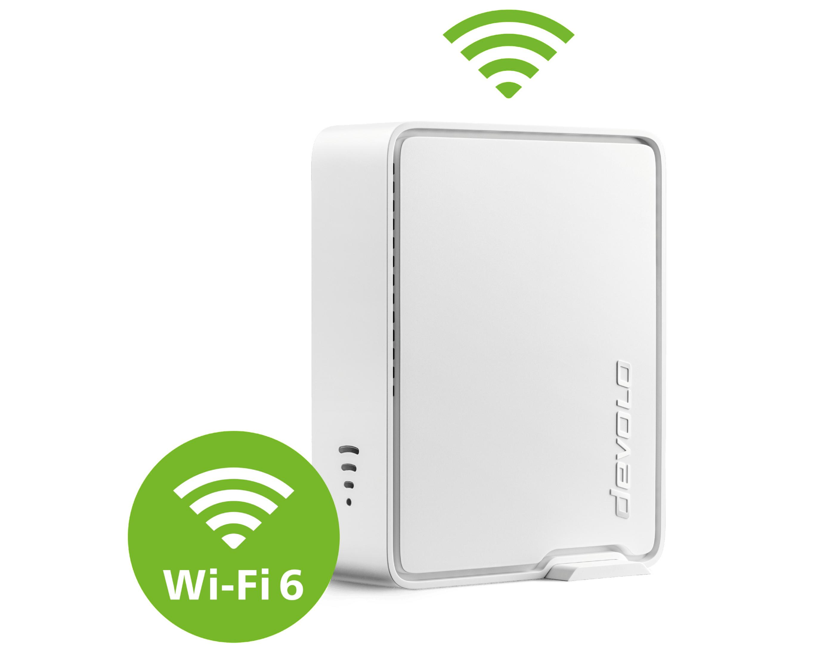 Biały router Wi-Fi 6. Zielone logo Wi-Fi 6 po lewej stronie. Białe tło.