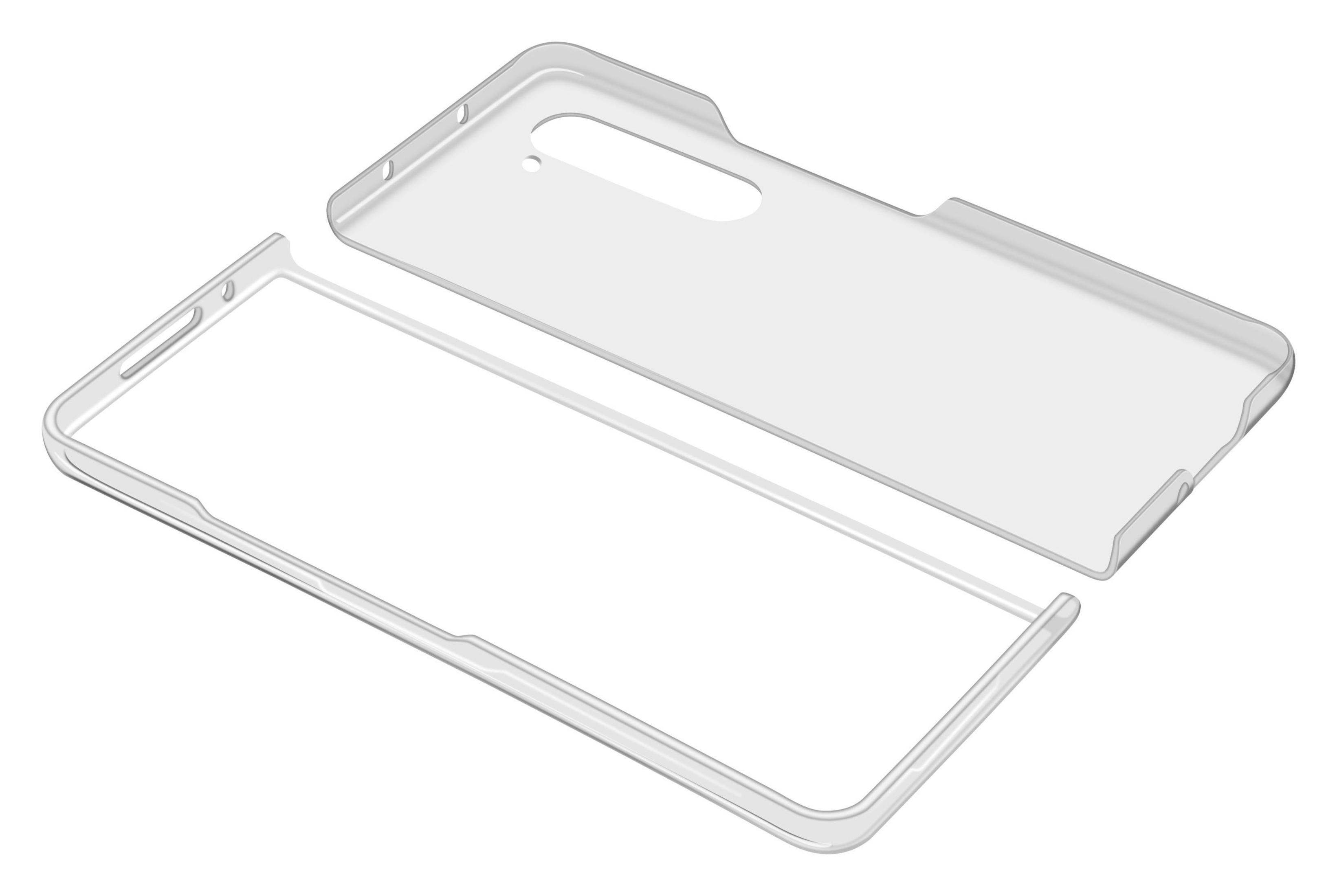 Dos partes transparentes de funda de teléfono, un marco y una cubierta trasera, en blanco.