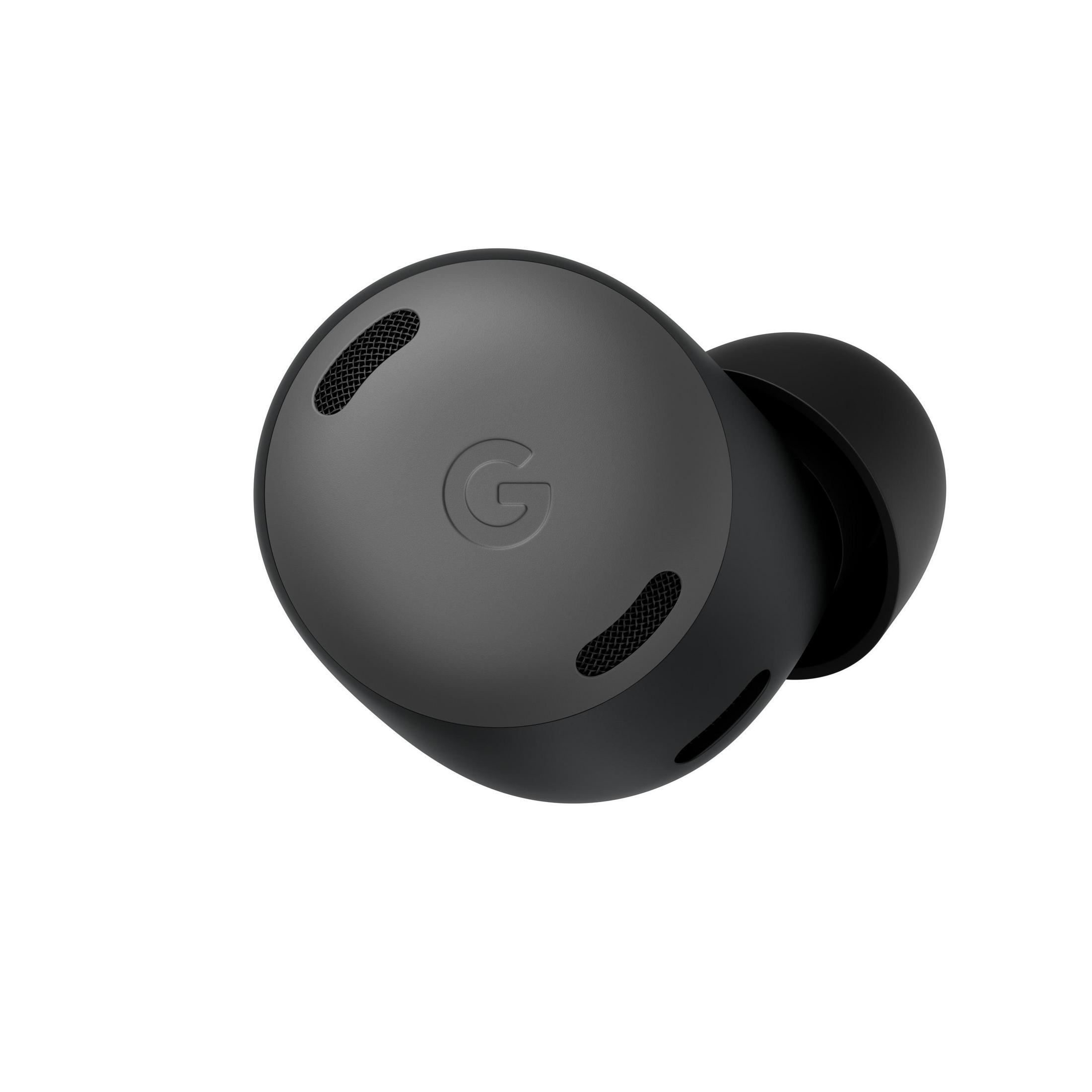 Czarne Google Pixel Buds Pro, pojedyncza słuchawka, z logo Google.