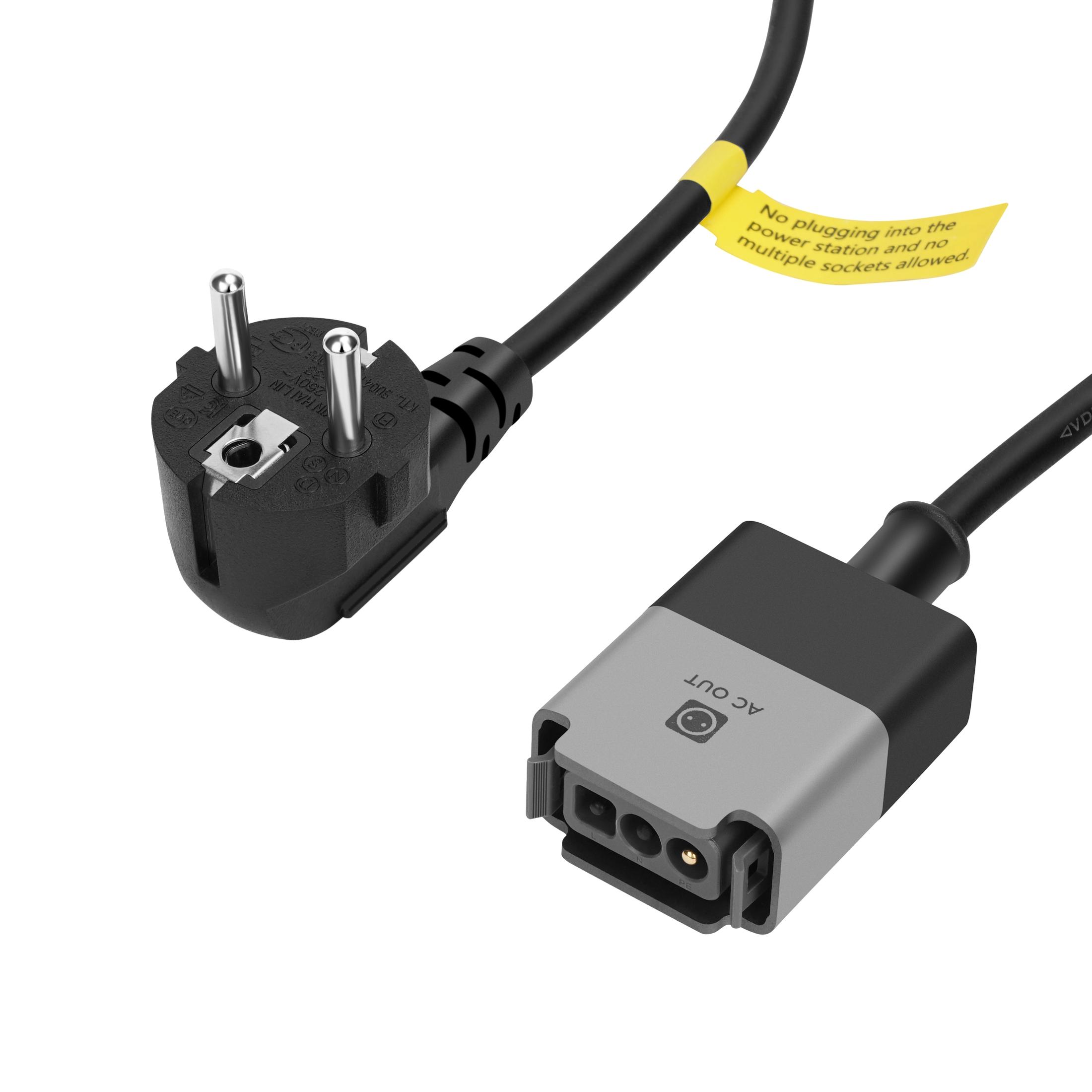 Schwarzes Netzkabel mit europäischem Stecker und Stromanschluss.