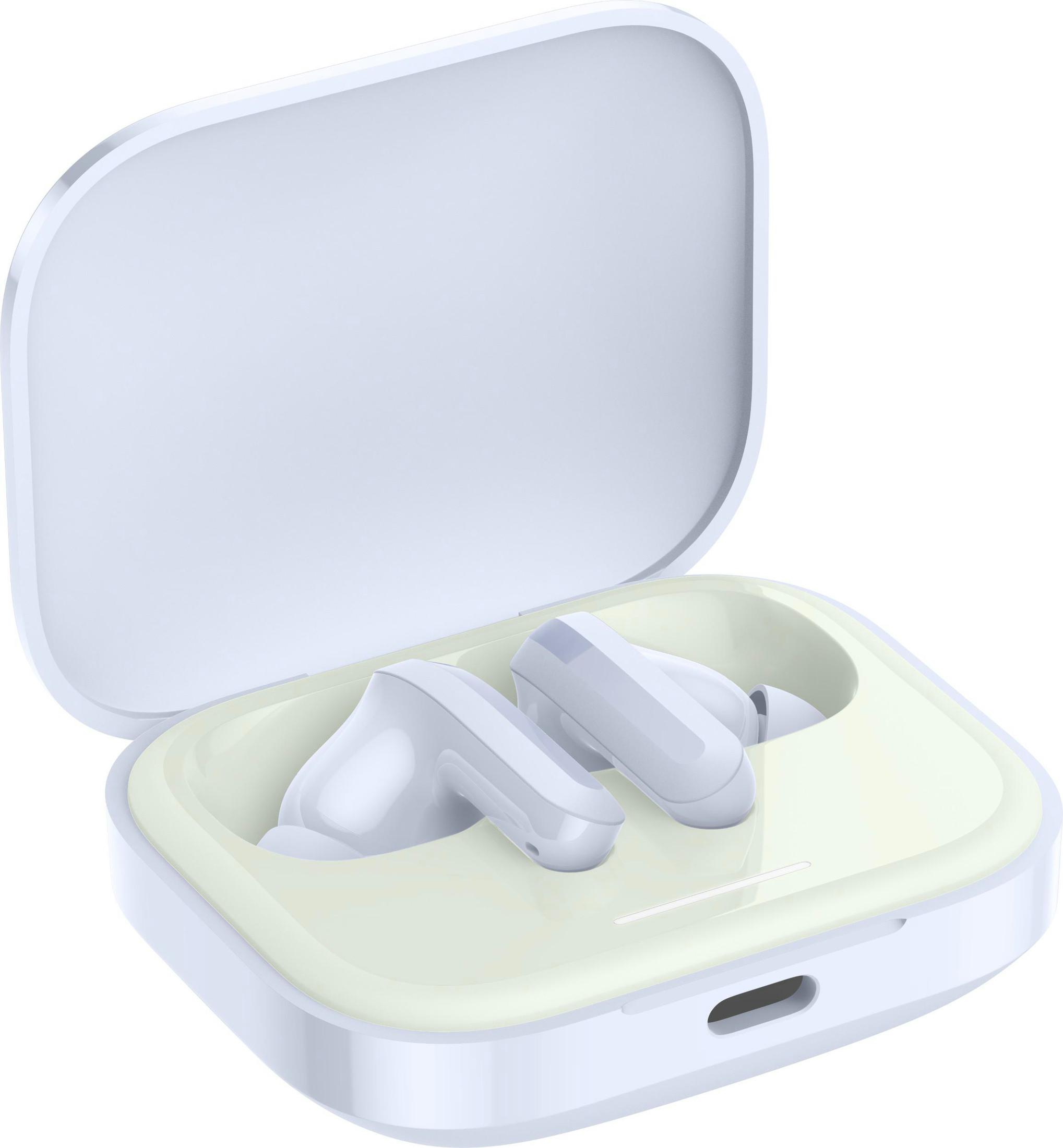 Auriculares inalámbricos blancos en un estuche de carga blanco. El estuche está abierto, mostrando los auriculares dentro.