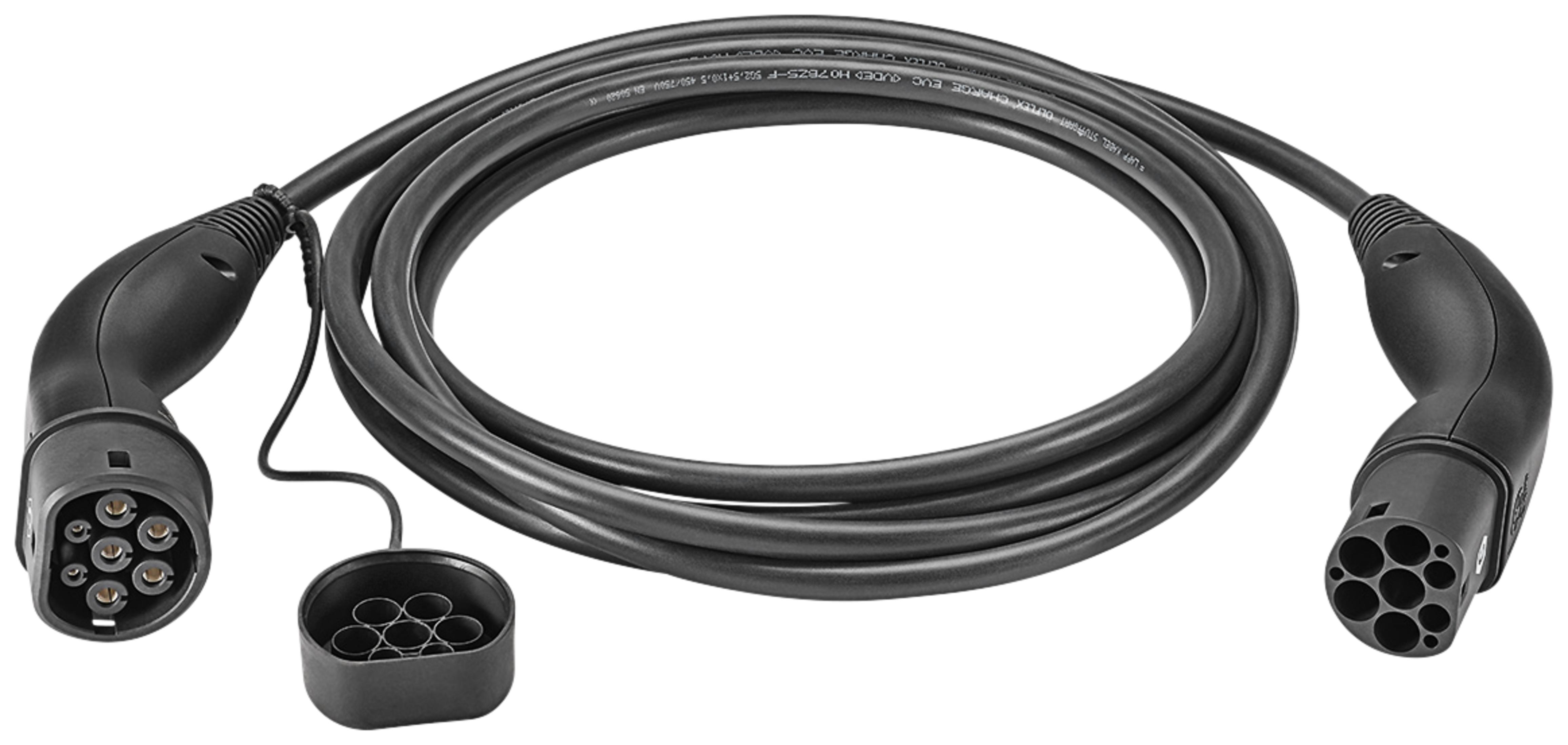 Ein EV-Ladekabel mit zwei Steckern, einer in den anderen gesteckt, mit einem kleinen Adapter dazwischen.