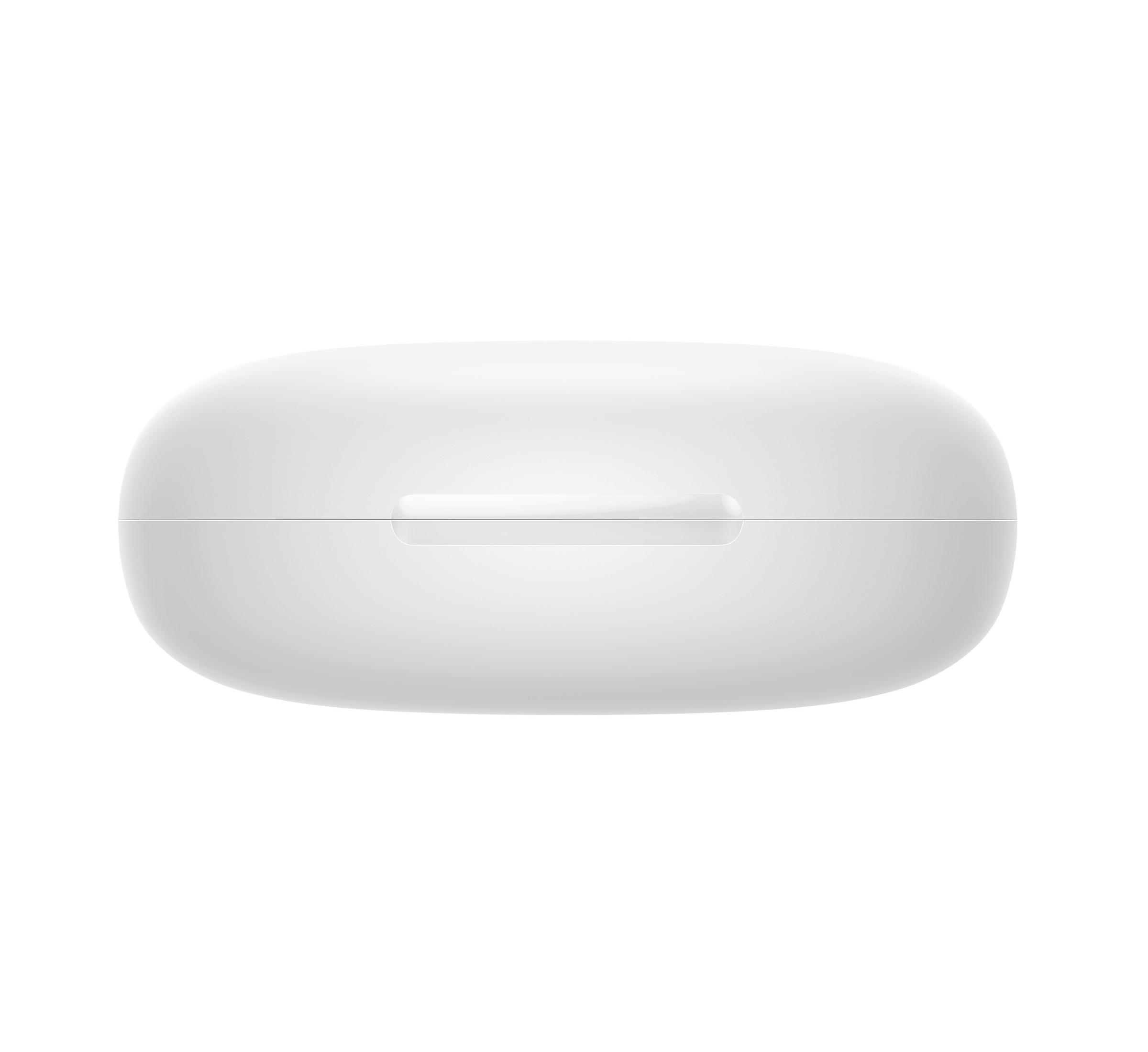 Boîtier de charge blanc, ovale, pour écouteurs, sur fond blanc, vue de dessus.