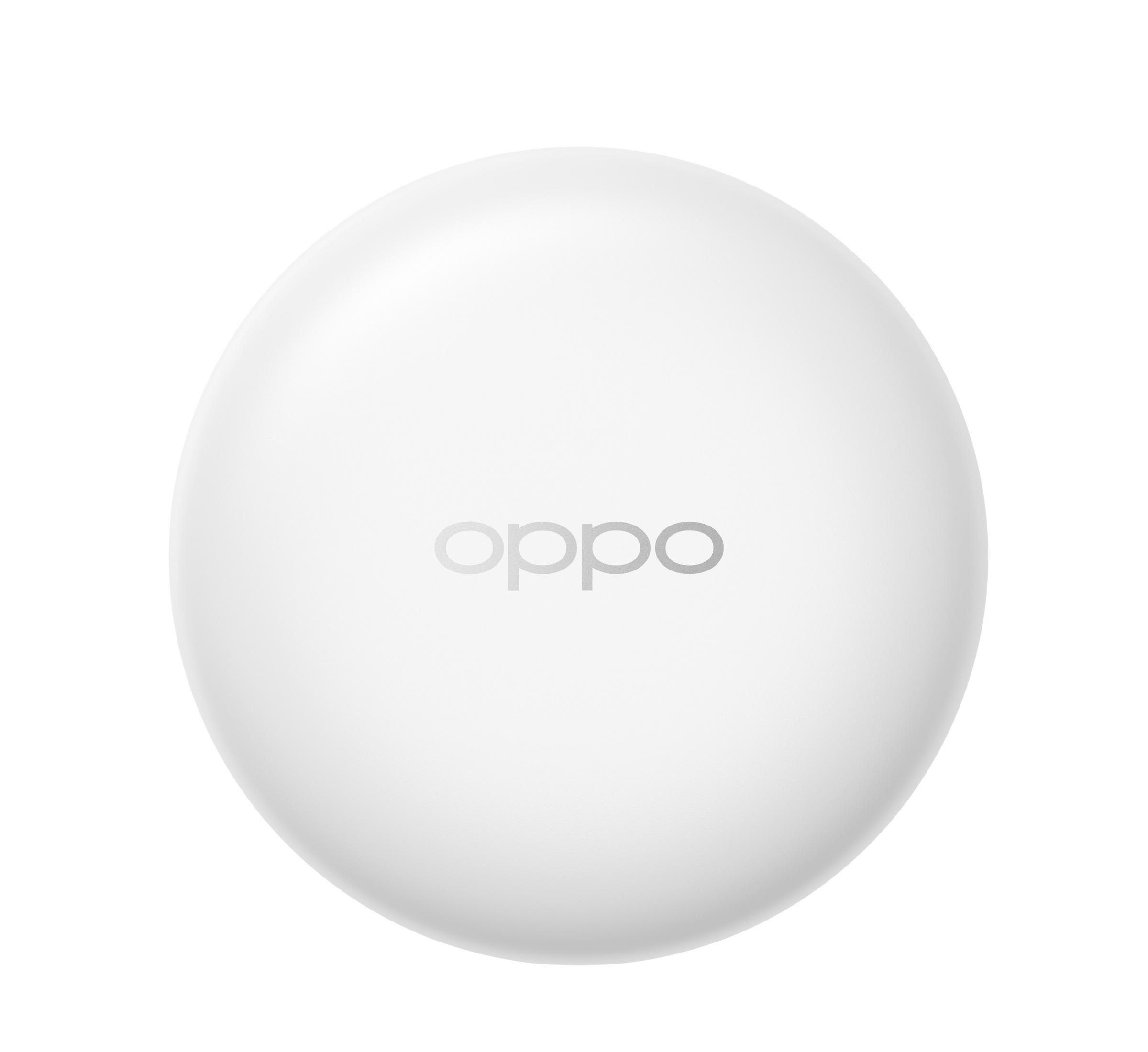 Appareil Oppo blanc et rond avec le logo de la marque. Fond blanc.