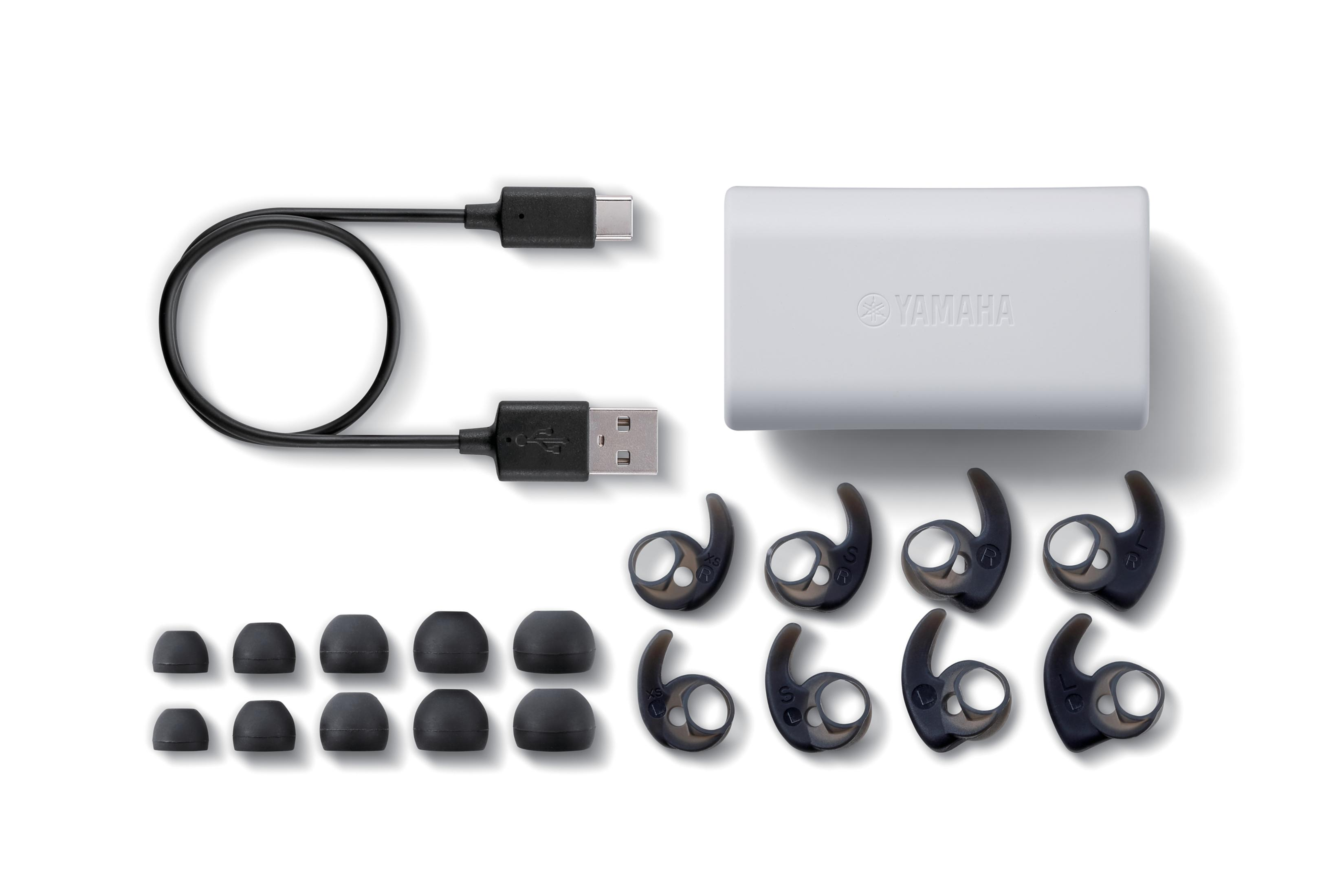 Słuchawki, etui ładujące i kable, różne wkładki douszne na białym tle.