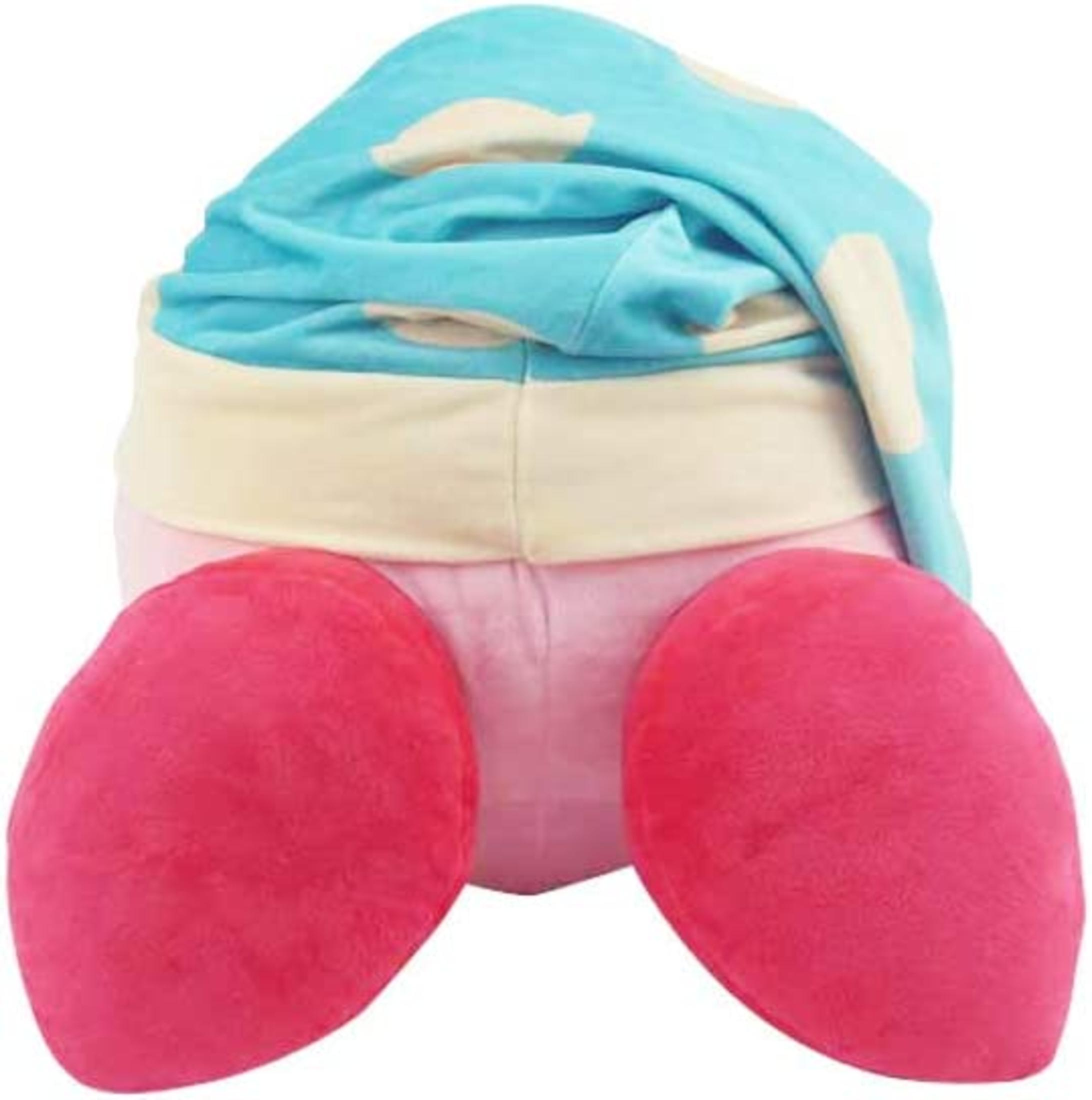 Ein Plüschtier mit blauer Mütze mit Tupfen, rosa Beinen und gelbem Bund.