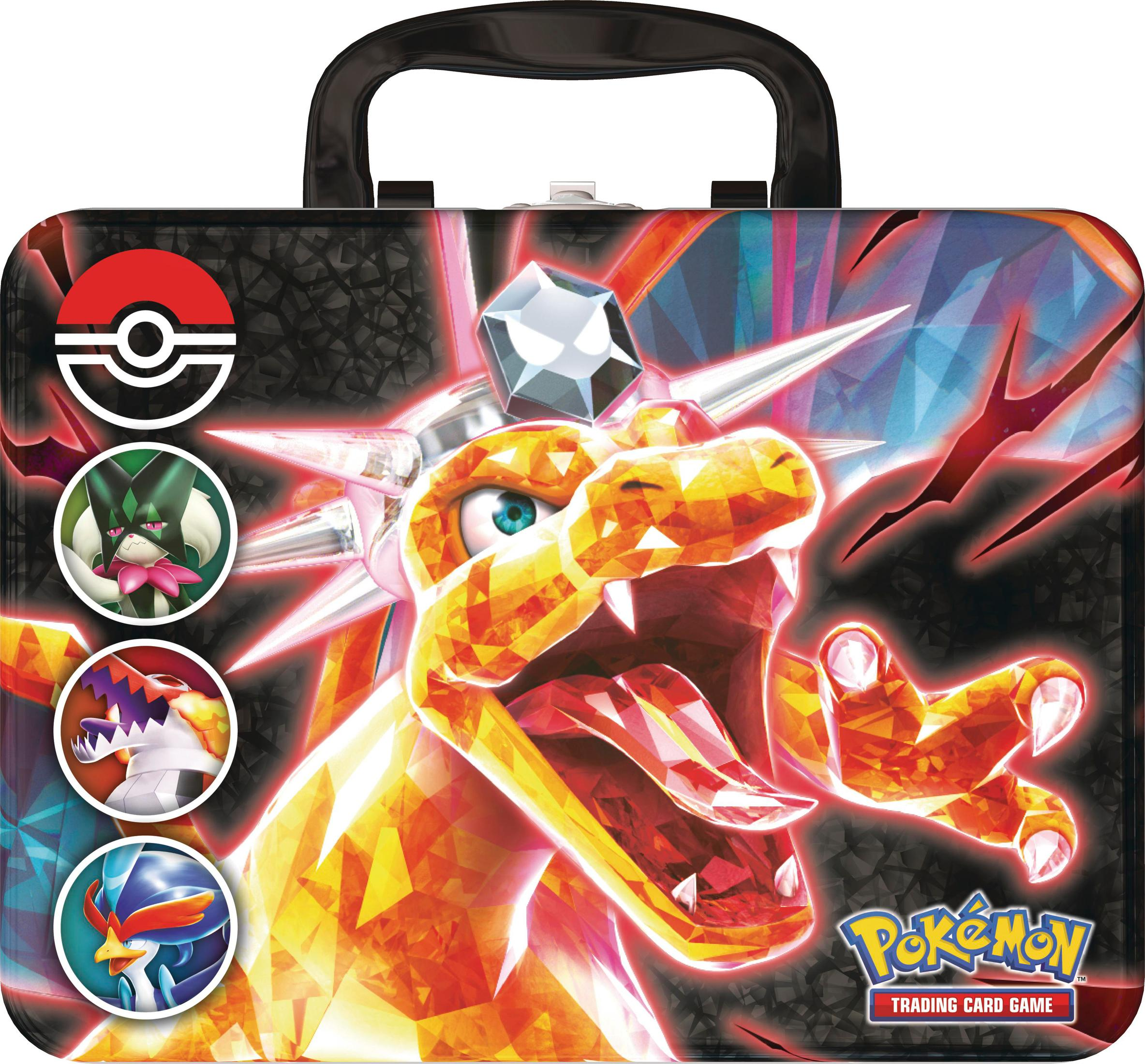 Pokémon Trading Card Game Tin mit einer Charizard-Illustration und verschiedenen Charakter-Icons.