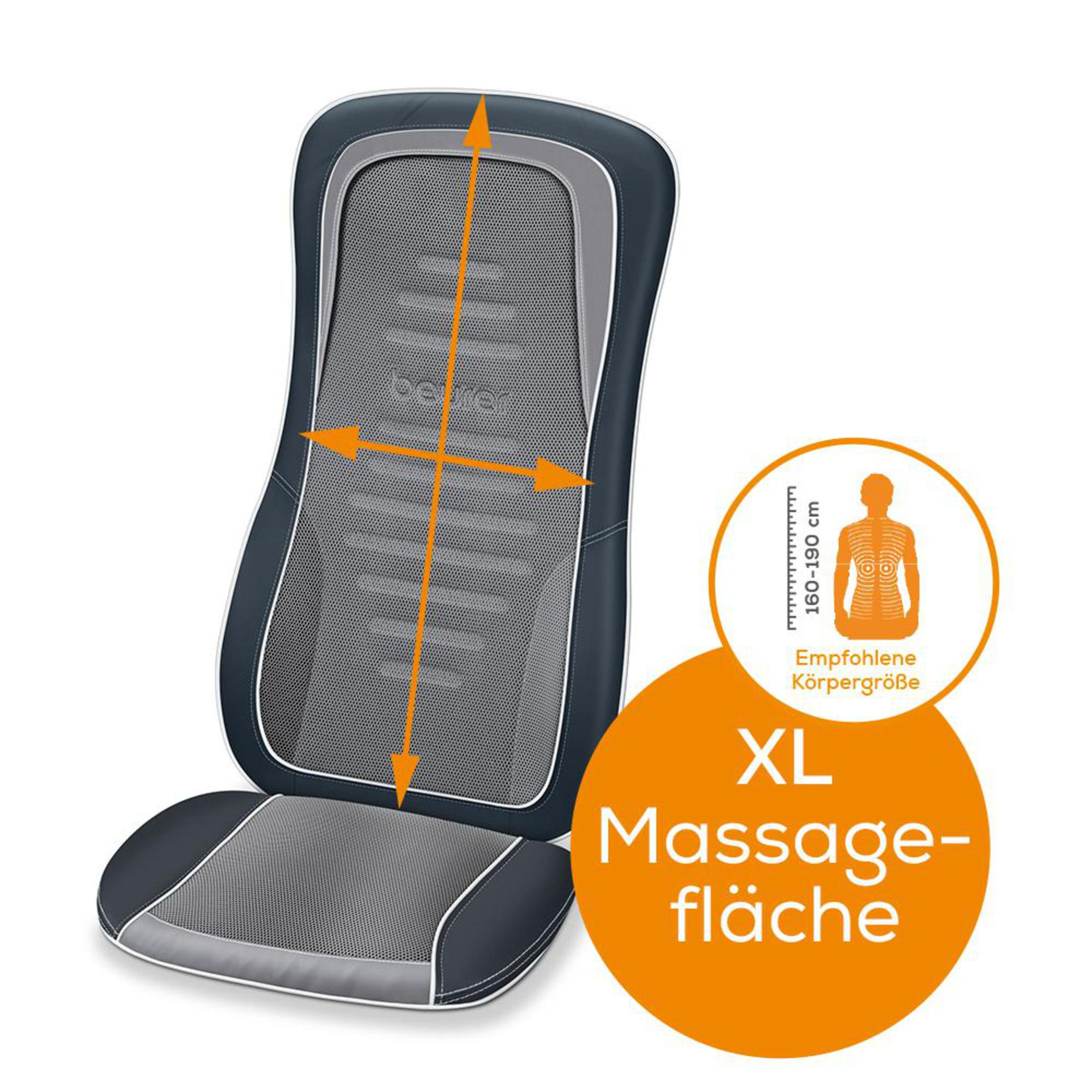 Massage-Stuhlkissen mit grauem und schwarzem Design. Oranger Kreis zeigt XL-Massagebereich und Größe an.