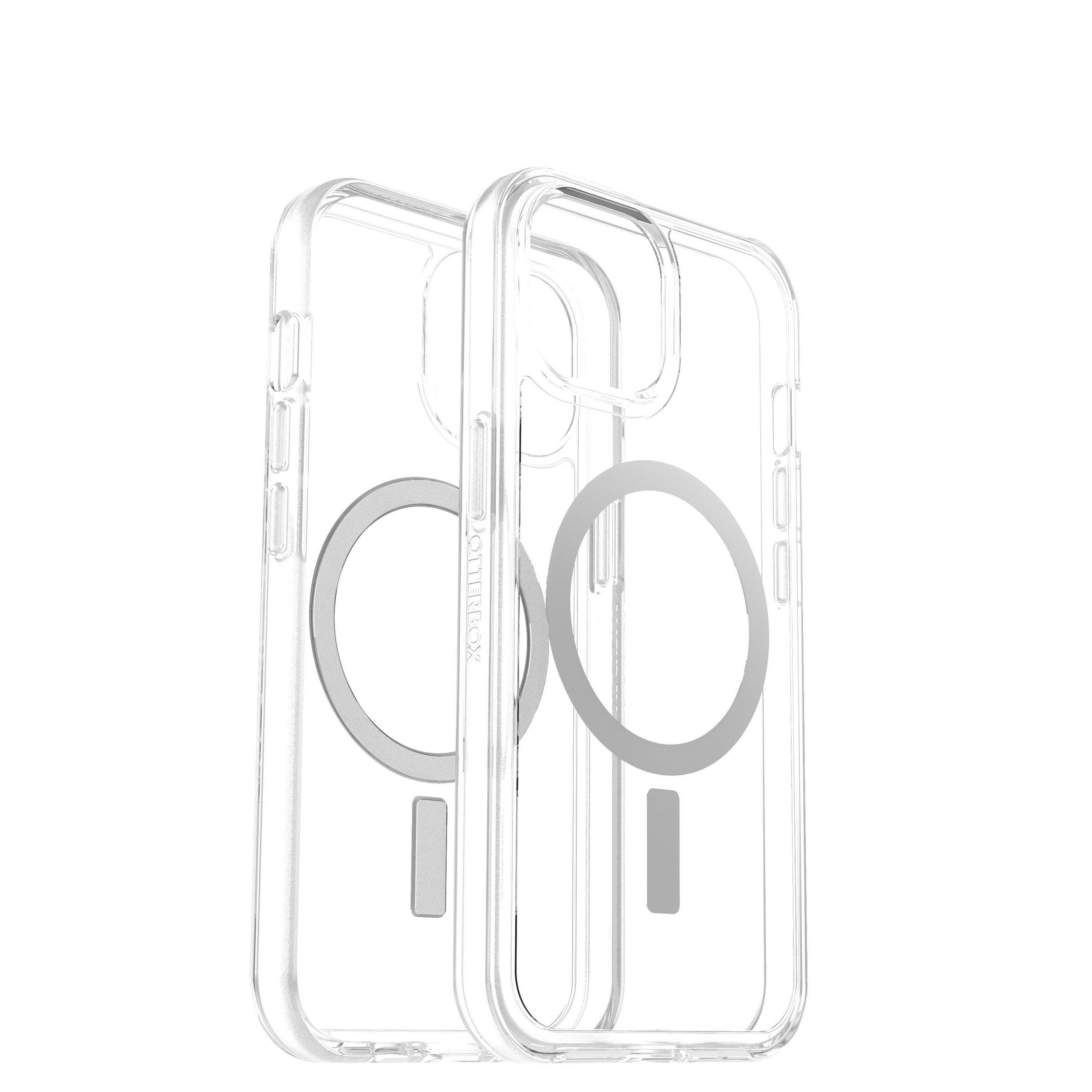 Zwei durchsichtige Telefonhüllen mit silbernen Magnetringen. Der Hintergrund ist weiß.