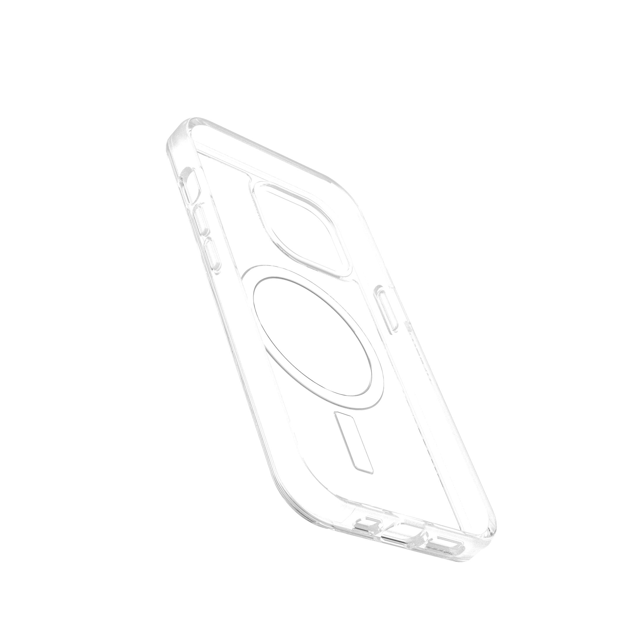 Eine transparente Handyhülle, leicht angewinkelt, auf weißem Hintergrund. Es hat ein kreisförmiges und rechteckiges Design.