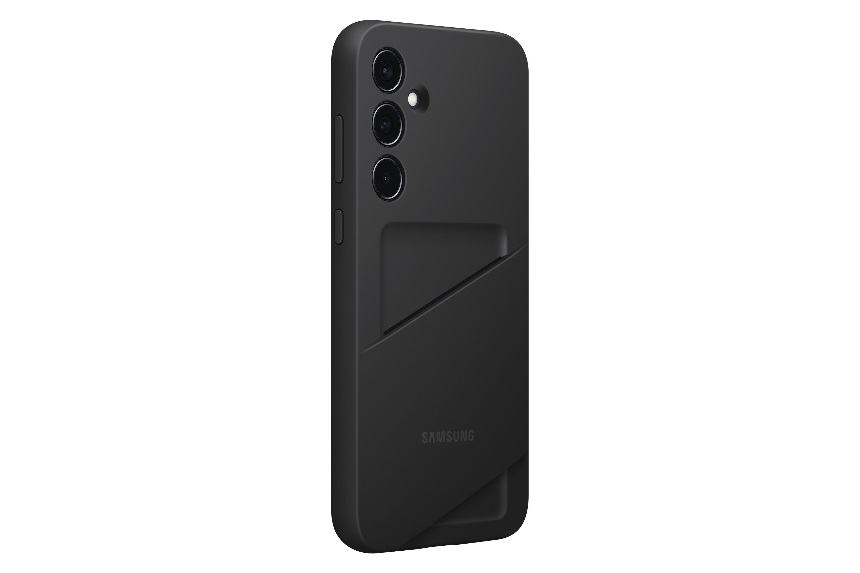 Czarne etui na telefon Samsung z miejscem na kartę, pokazujące elegancki i minimalistyczny design.