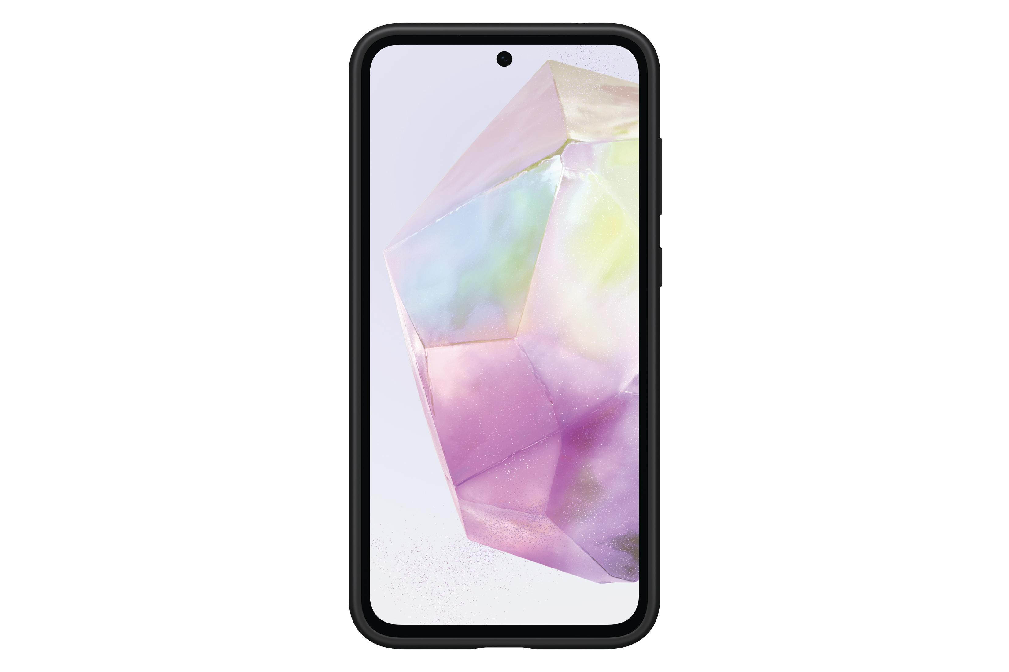 Czarny smartfon z ekranem wyświetlającym kolorowy, przypominający kamień szlachetny obraz. Czarna ramka.
