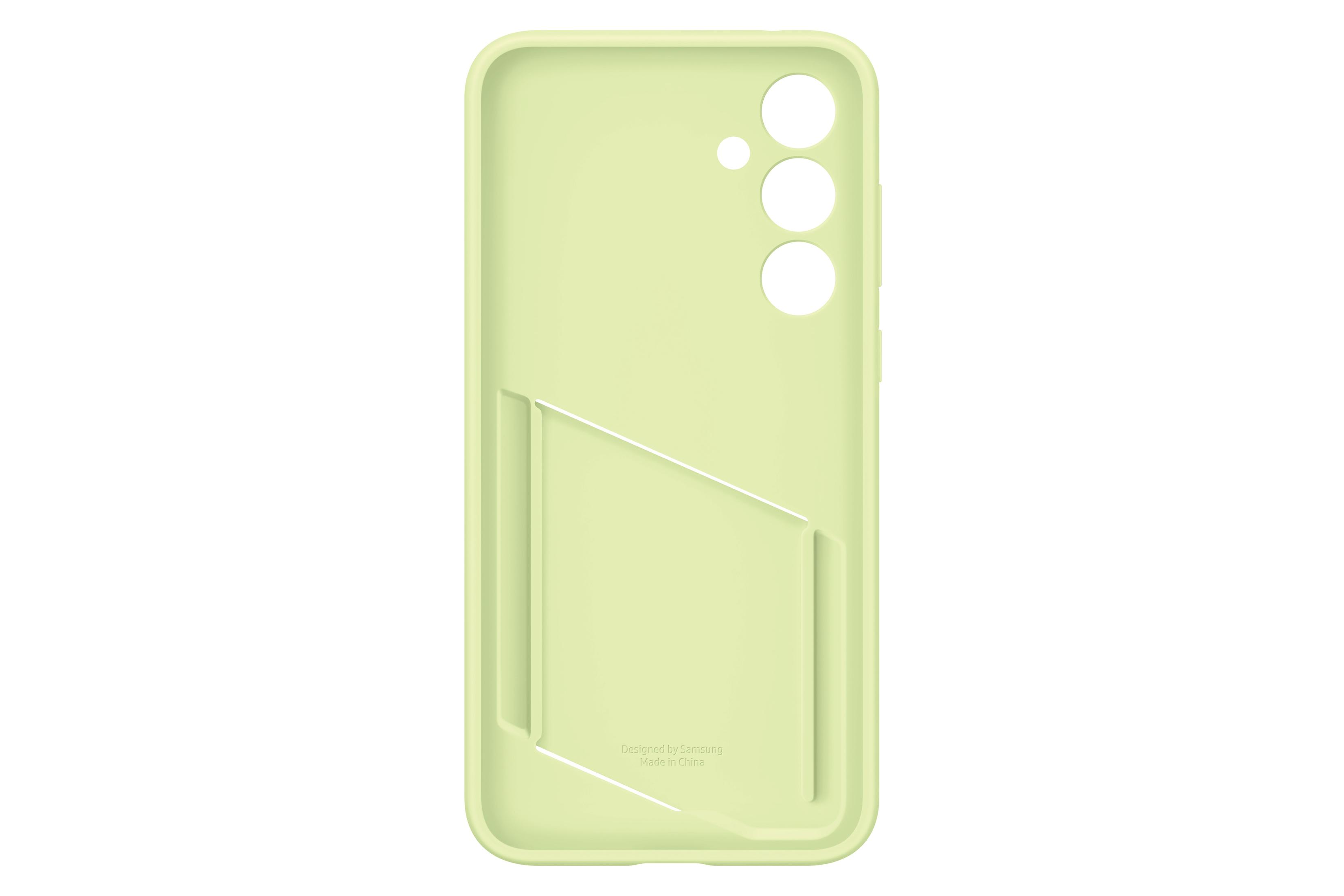 Jasnozielone etui na telefon, otwarte, z kieszonkowym wzorem z tyłu i napisem "Designed by Samsung".