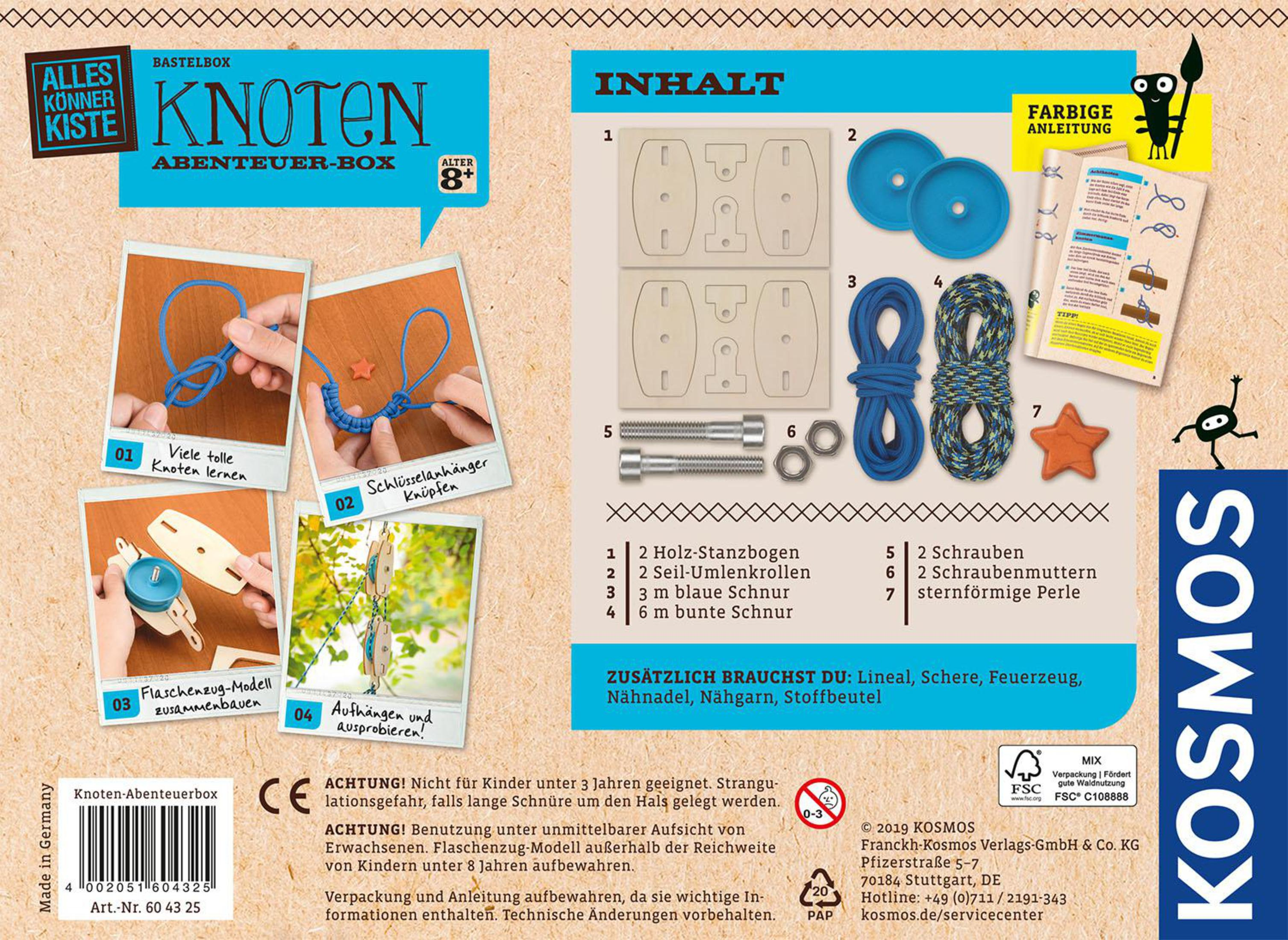 Eine Bastelbox für Kinder, die Bilder von Knoten und Basteln zeigt. Die Box hat Text.