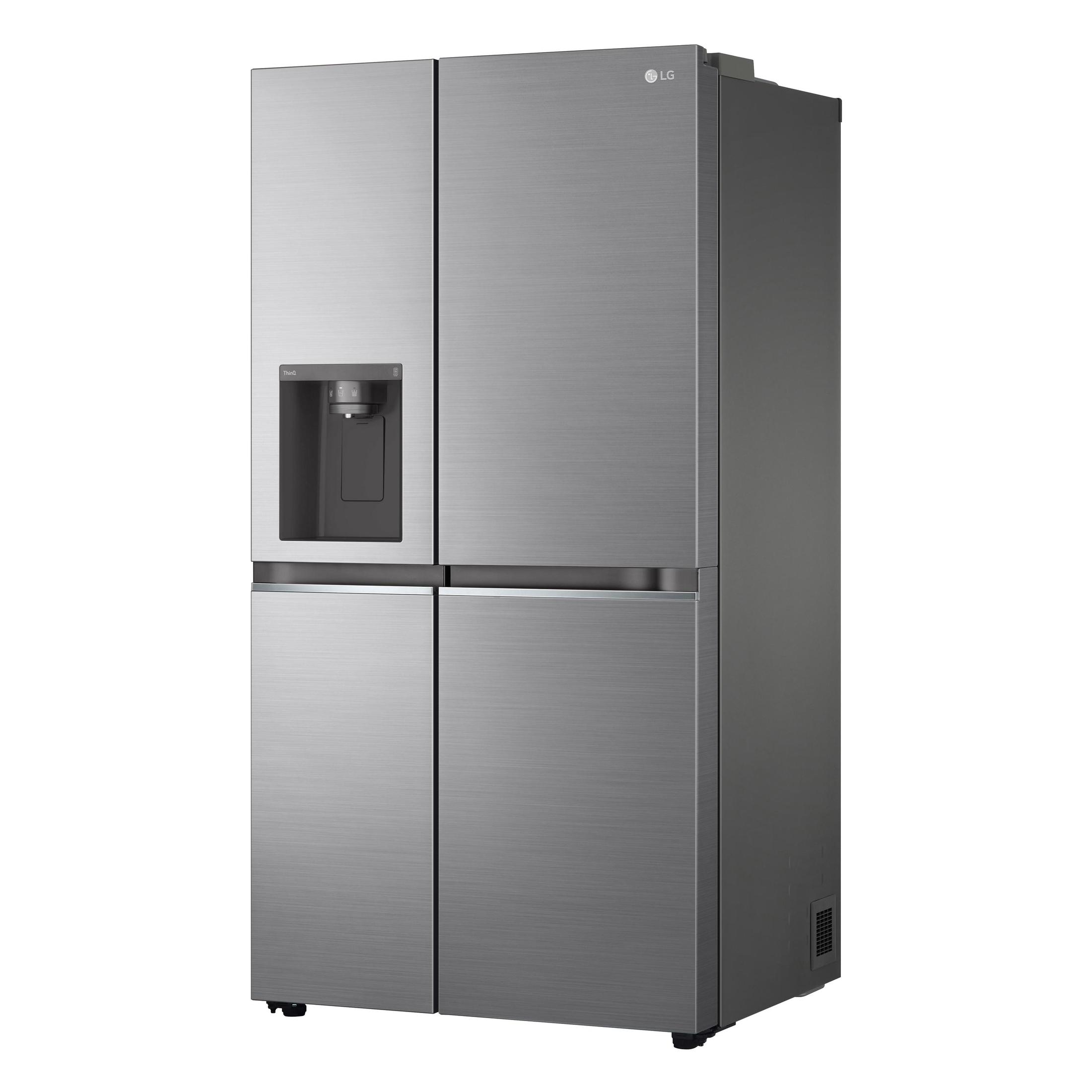 Ein silberner LG-Kühlschrank mit vier Türen. Er hat einen Wasserspender an der linken Tür.