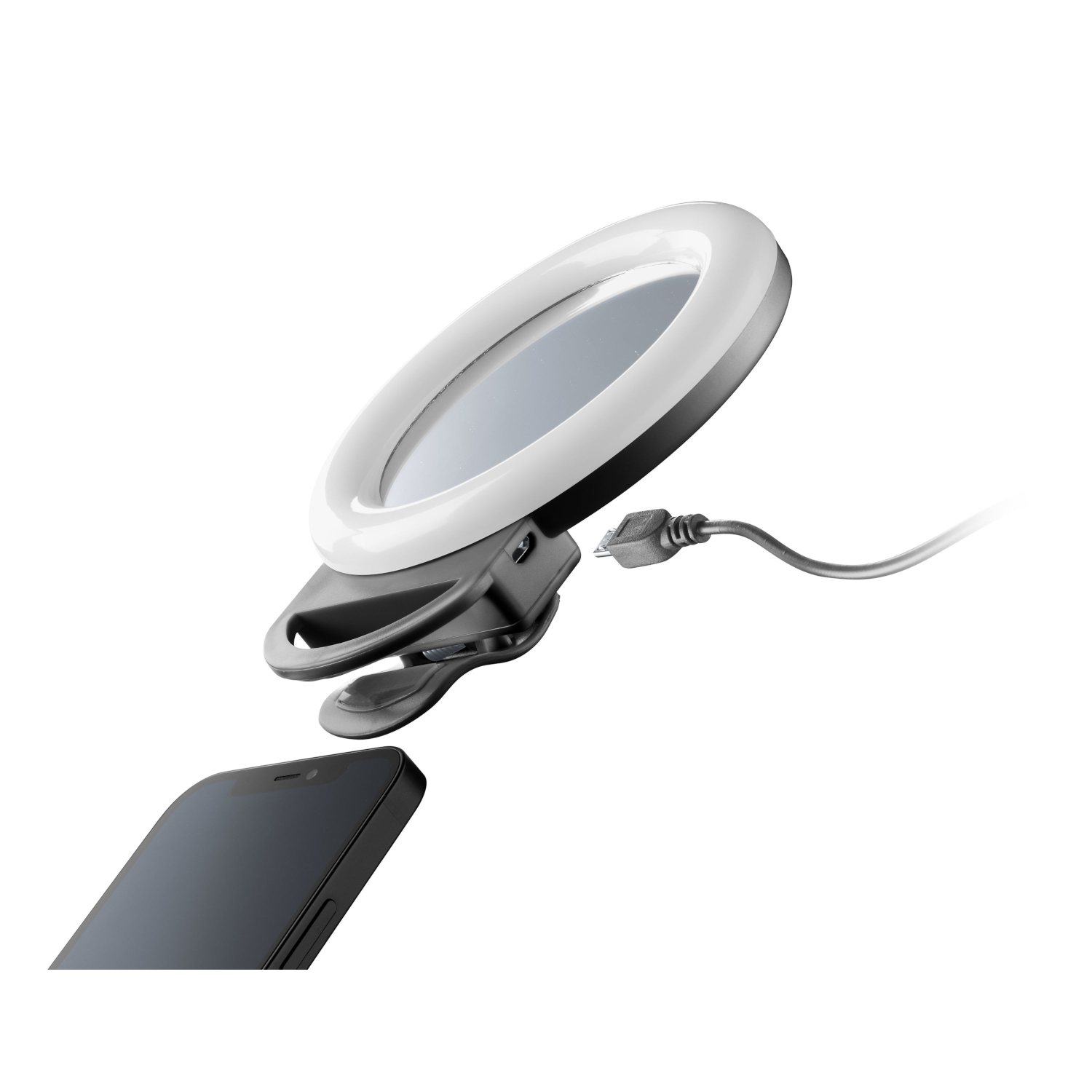 Ein Ringlicht an einem Telefon befestigt. Es ist schwarz und weiß und wird über ein USB-Kabel betrieben.